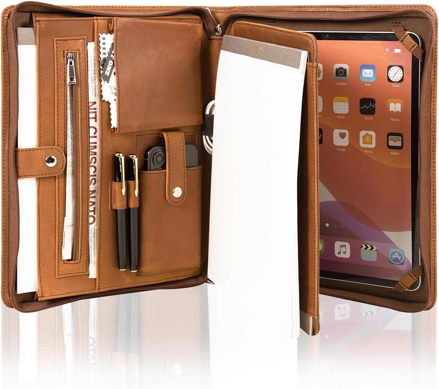 AZXCG Leather Padfolio, Business Portfolio for Men and Women, Interview Resume Folder, Business Genuine Leather Planner, Zippered Portfolio with Document Sleeve,Meeting Executive File with Pockets