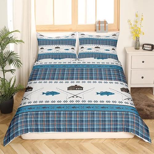 Jejeloiu Fish Comforter Cover Set Fish Hook Fishing Theme Bedding Set For Boys Girls Children Sea Animal Buffalo Check Blue Bedding Duvet Cover Set Room Decor Queen Size With 2 Pillow Case #TOP9