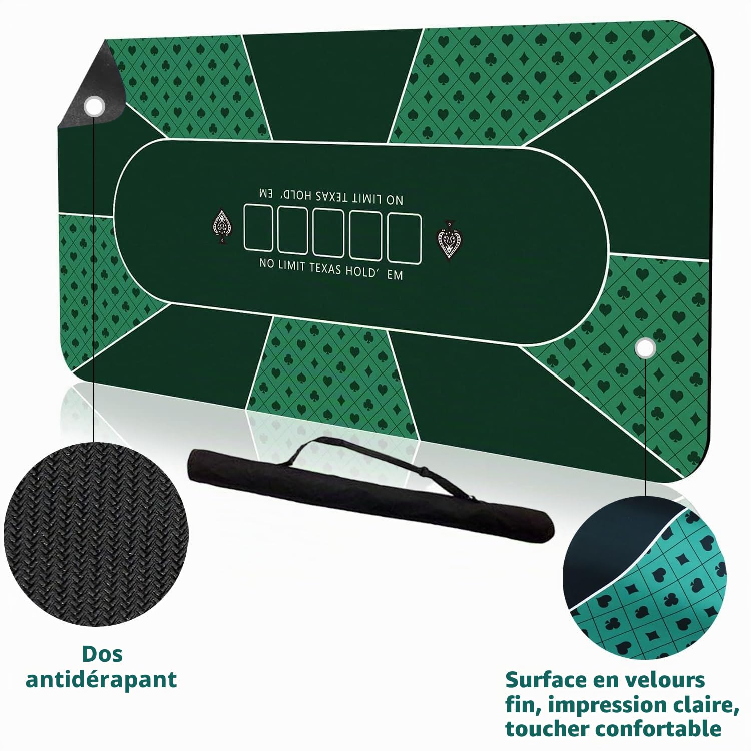 Tapis de poker pour 10 joueurs, 180 x 90 cm, tapis de jeu en caoutchouc pour tables, table de poker pliable et portable avec sac de transport