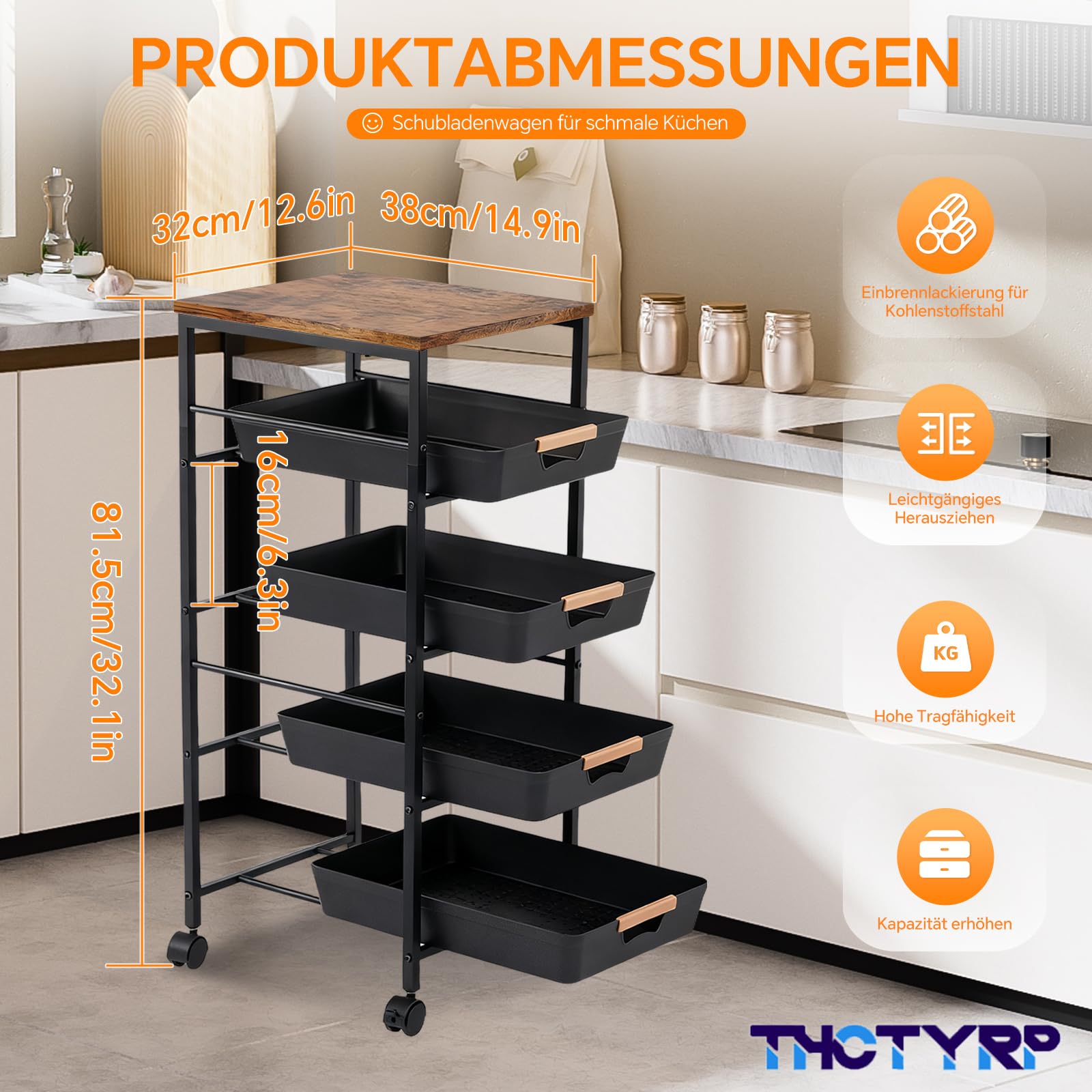 Küchenwagen mit 5 Ebenen & 4 Schubladen, Mit Holzplatte & Belüfteten Körben, 360° Rollen mit 2 Bremsen, Zur Aufbewahrung von Obst, Gemüse, Mikrowelle in Küche & Wohnzimmer (32x38x81.5cm)