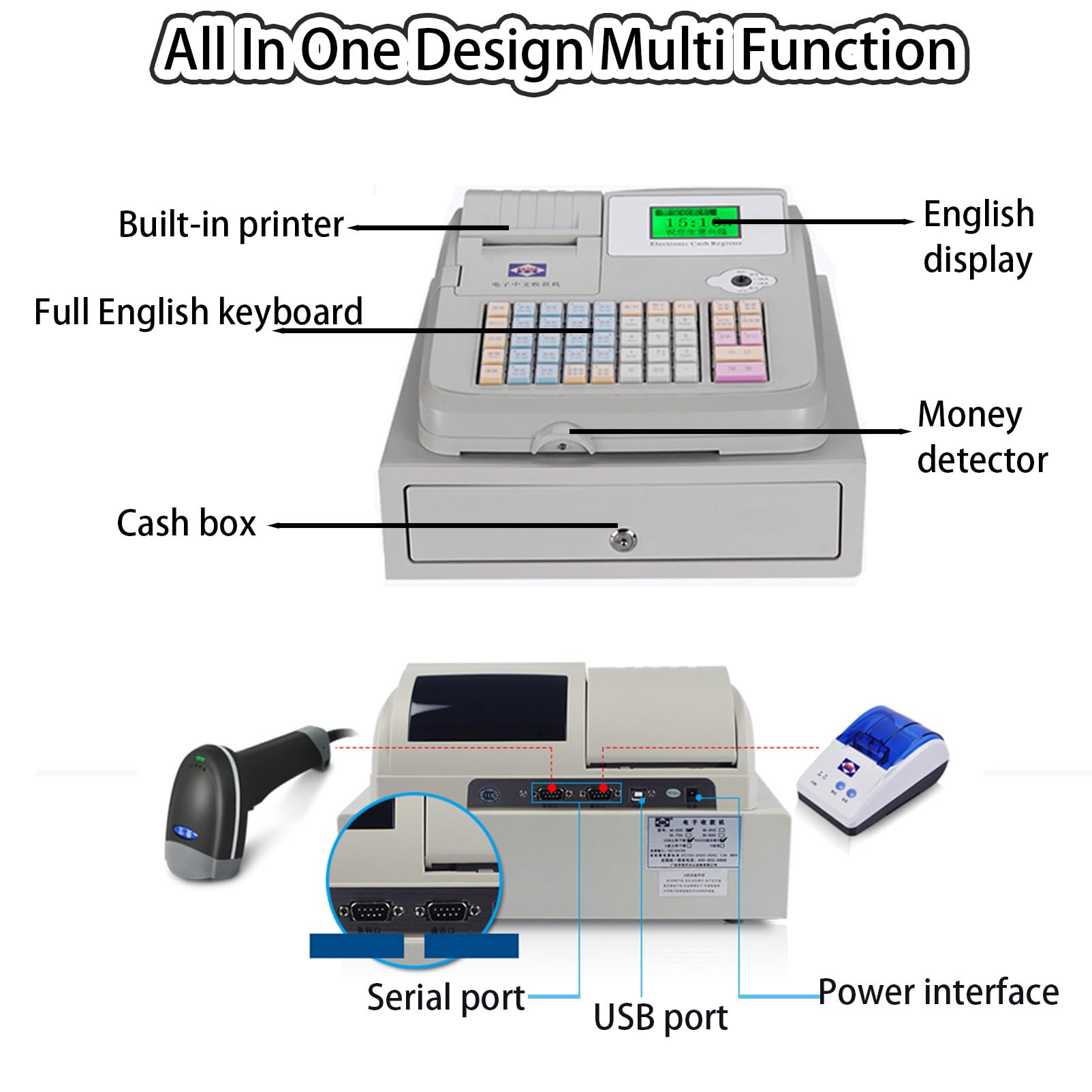 Elektronische Registrierkasse mit 48 Tasten, Pos-System-Registrierkasse mit 5 Münzfächern und 3 Geldscheinfächern, 8 Digitale LED-Display-Registrierkasse