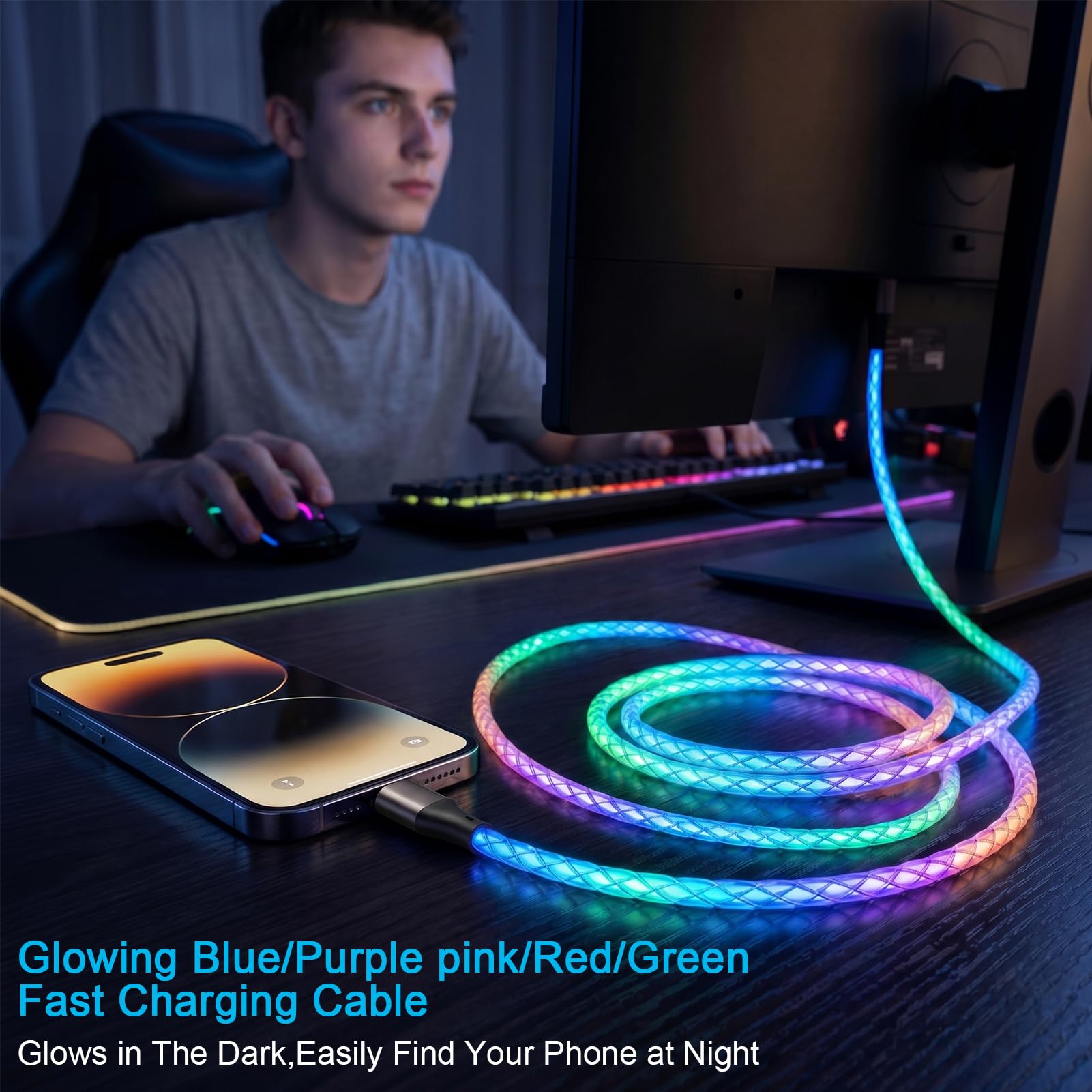 Cavo di ricarica USB C da 6 A, ricarica rapida, colore graduale RGB, 66 W, cavo di sincronizzazione dati da USB A a USB C, compatibile con iPhone 15/16, Samsung Galaxy S23/S24/S25 Ultra (multicolore