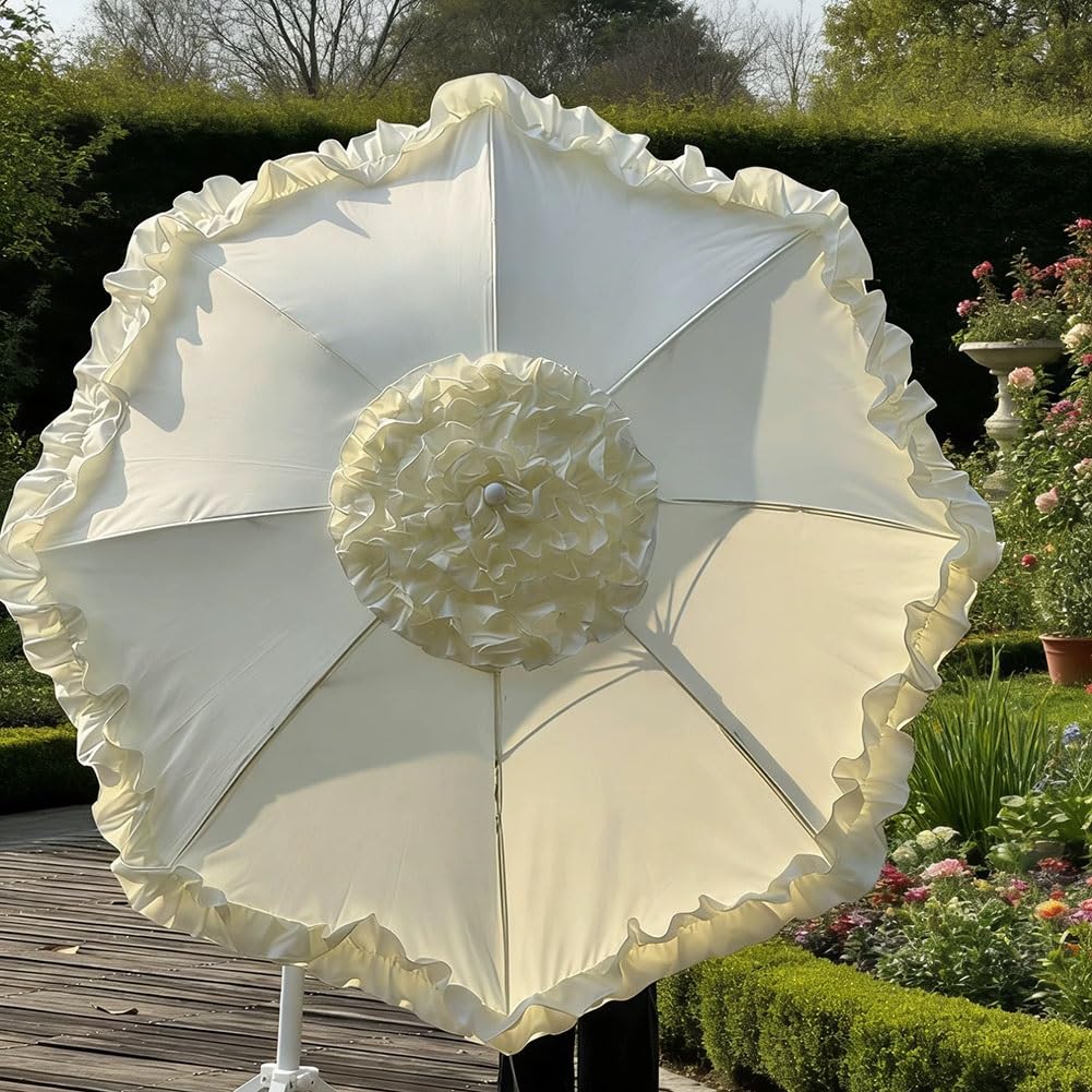 162 cm Parasol Ogrodowy z Przycisk Nachylenia, Elegancki Parasol Tarasowy Wykończony Koronką z Torbą Transportową na Plażę, Basen i Podwórko