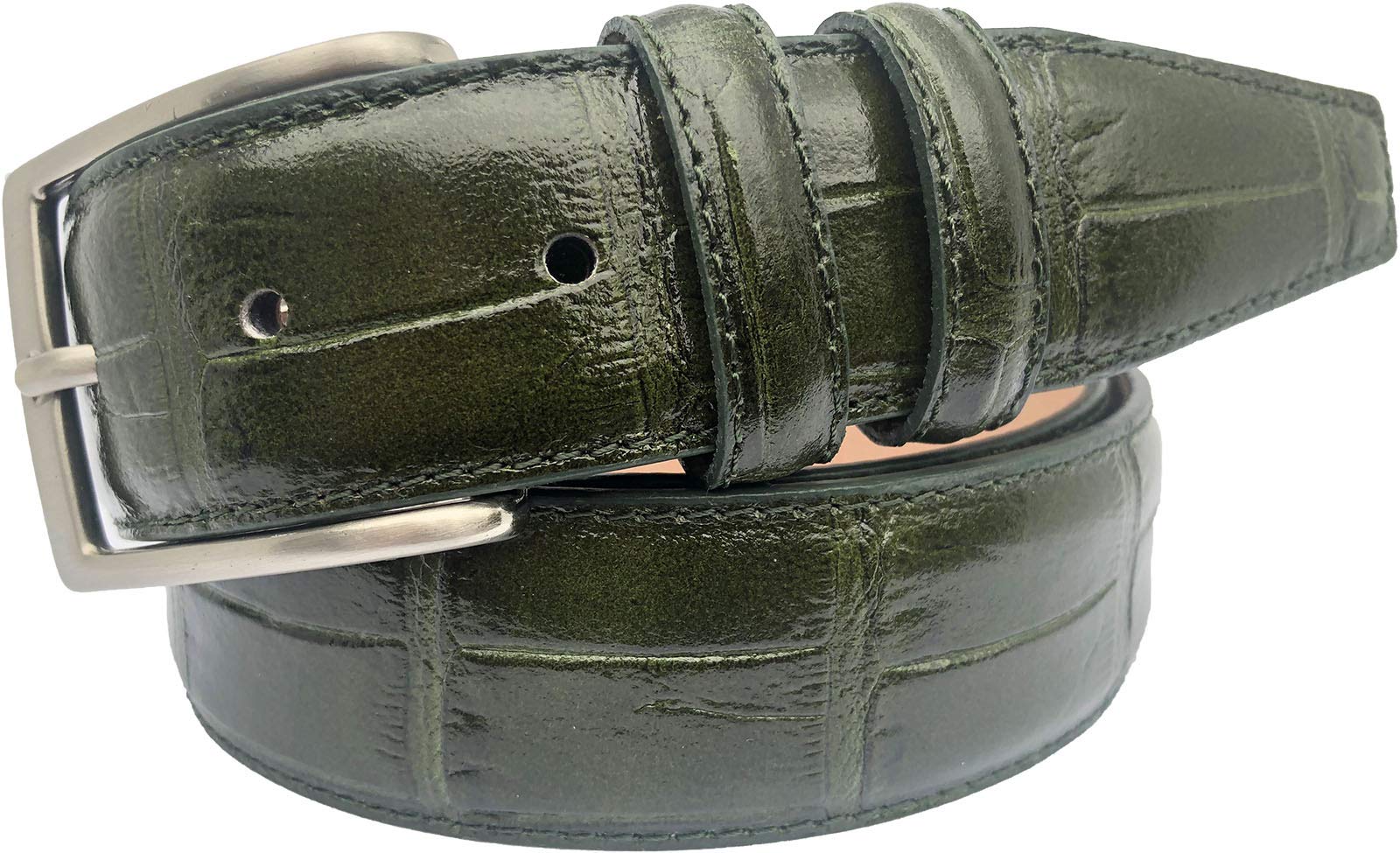 MENS CROCODILE PRINT ITALIAN LEATHER BELT GREEN (SMALL 30-32 INCHES)