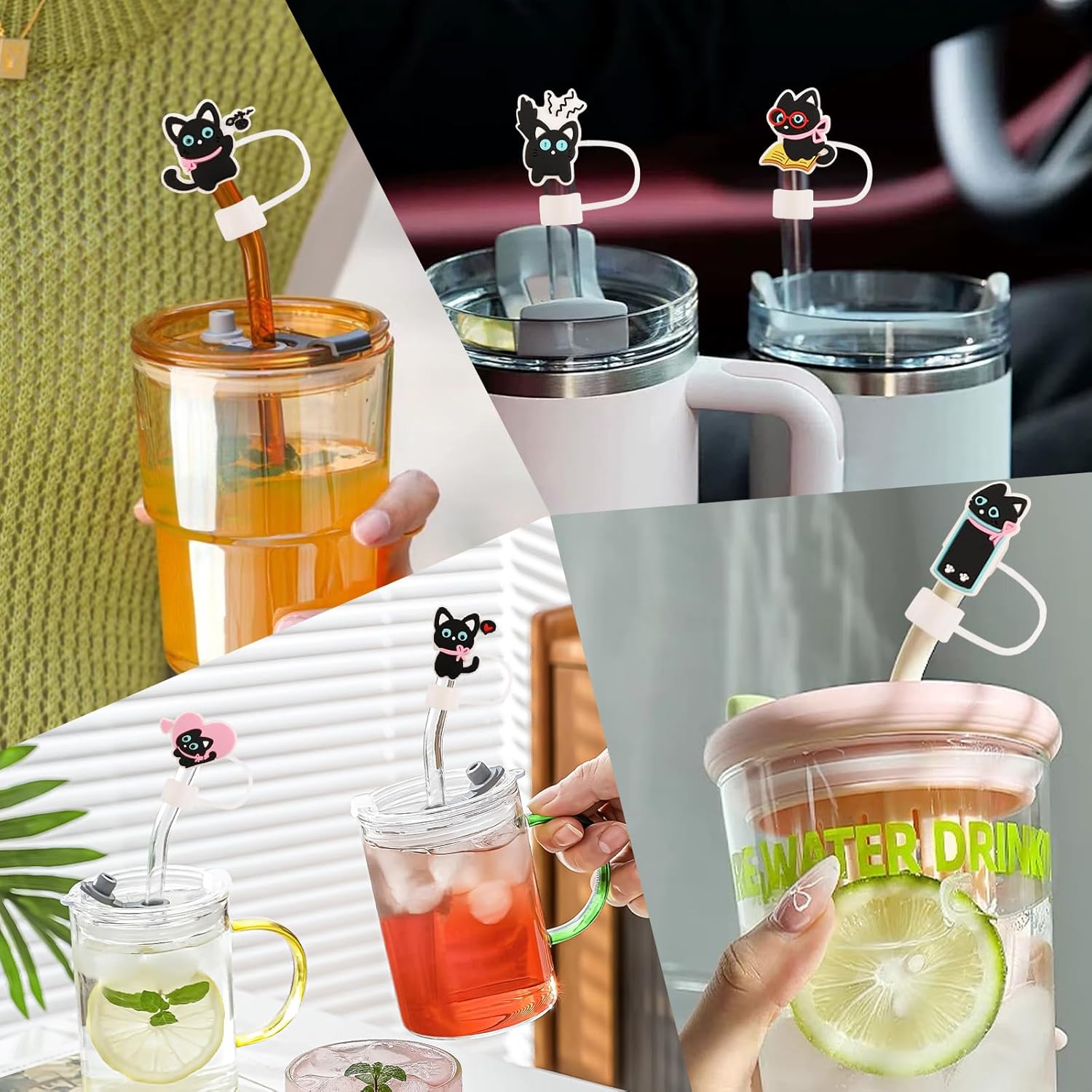10 Pcs Straw Toppers Cute Cat Straw Cover Cap for Stanley Cup, YAKAUEI 10mm 0.4in Silicone Cute Straws Topper Covers, Reusable Straws Lids Dust-Proof Protector, Stanley Cup Accessories