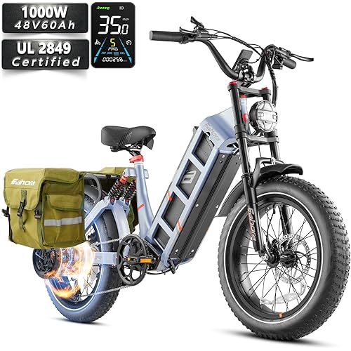 Juliet [2024 Newest] Electric Bike for Adults Peak 1200W/48V/60Ah 100-200Miles Long Range E Bikes 20"" Fat Tires Ebike Full Suspension Ebike+Blue +Bag, Large