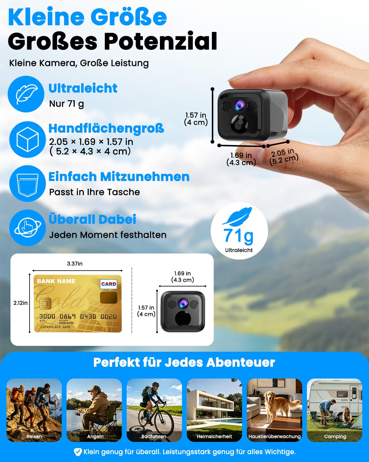 Mini Kamera Überwachungskamera Innen Ohne Wlan, WiFi & AP Hotspot, Kamera Überwachung Außenbereich Akku, 160 Tage Standby, Weitwinkel, Nachtsicht, Kabelloses Kamera für Haus/Haustier, Tiefschwarz