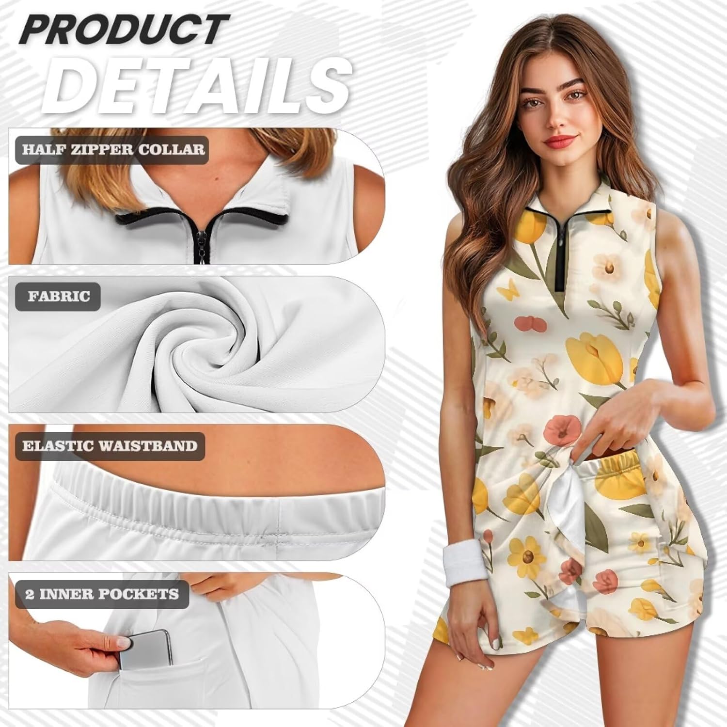 Daisy Flower Butterfly Women's Tennis Dresses Pumpkin Halloween Sleeveless Athletic Tank Tie-Dye Casual Golf Dress