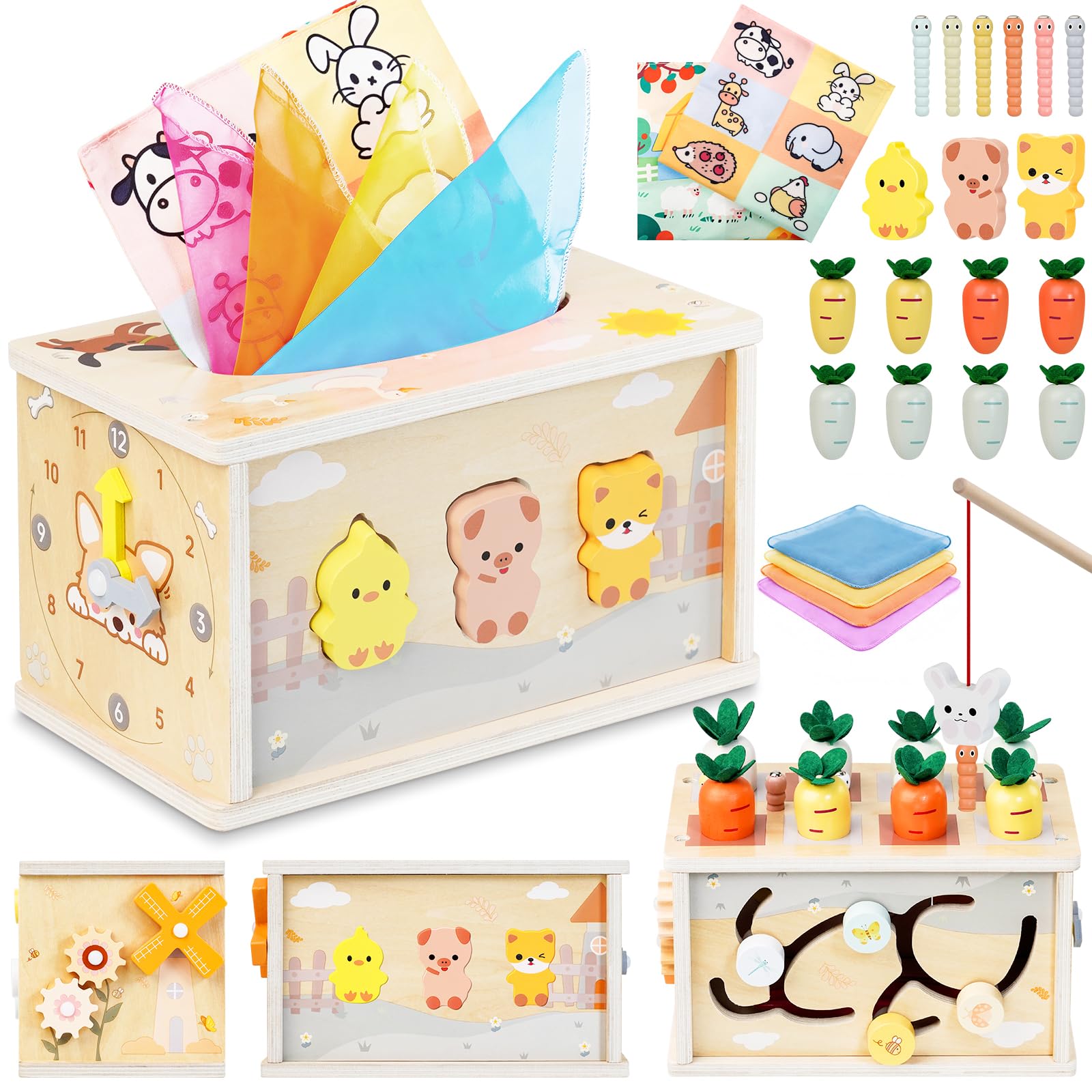 Haozozo Montessori Spielzeug ab 1 Jahr，6-IN-1 Tücherbox Baby Spielzeug 1 Jahr, Steckspiel Motorikspielzeug ab 1 2 Jahre, Sensorik Babyspielzeug für Kinder- Geschenk 1-2 Jahr Junge Mädchen