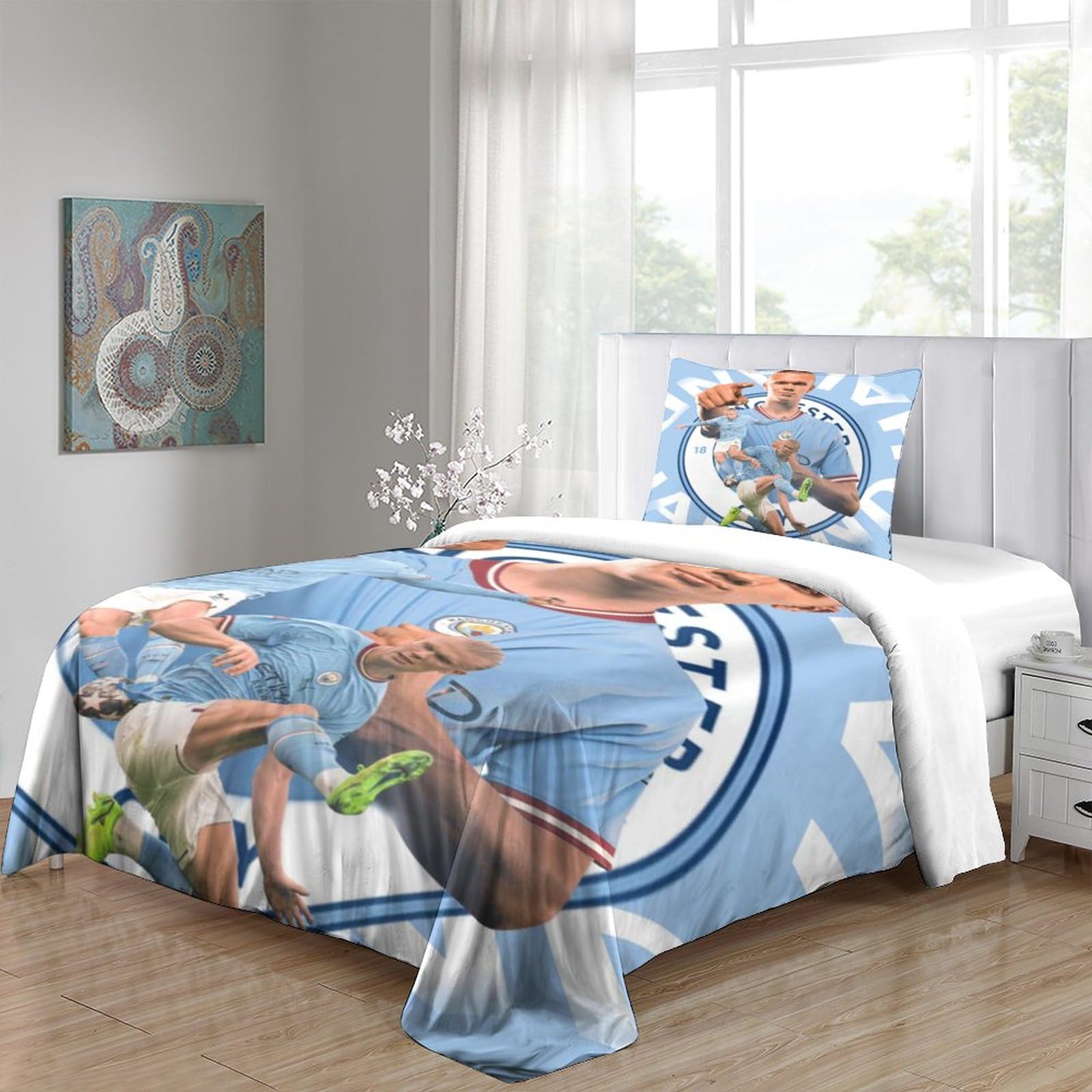 WADRI Stuk Erling Haaland dekbedovertrek, 3D-bedrukt, voetbalspeler- beddengoed, quilt dekbedovertrek met ritssluiting voor meisjes, hypoallergeen microvezel dekbedovertrek, eenpersoonsbed (135 x 200