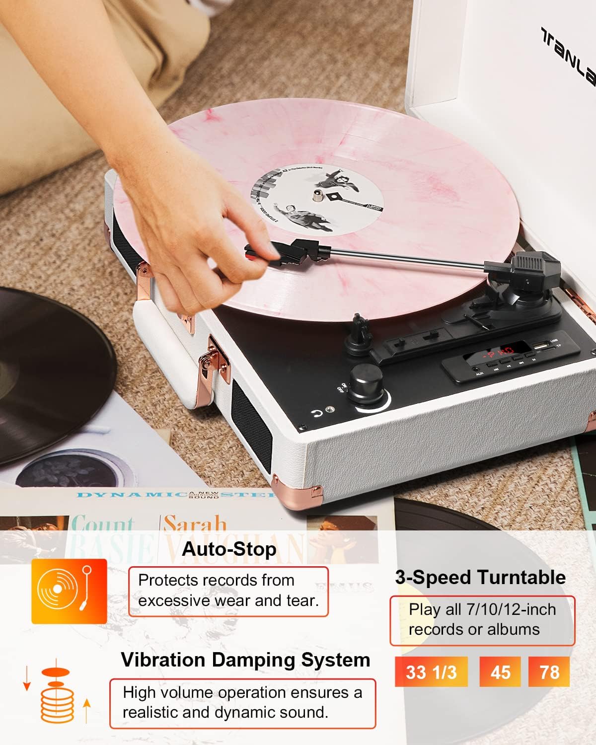 مشغل أسطوانات فينيل محمول بتقنية البلوتوث بثلاث سرعات مع مكبرات صوت مدمجة، مشغل أسطوانات فينيل يعمل بالحزام، يدعم تسجيل USB، مدخل AUX، مخرج RCA، مقبس سماعة رأس، لون أبيض