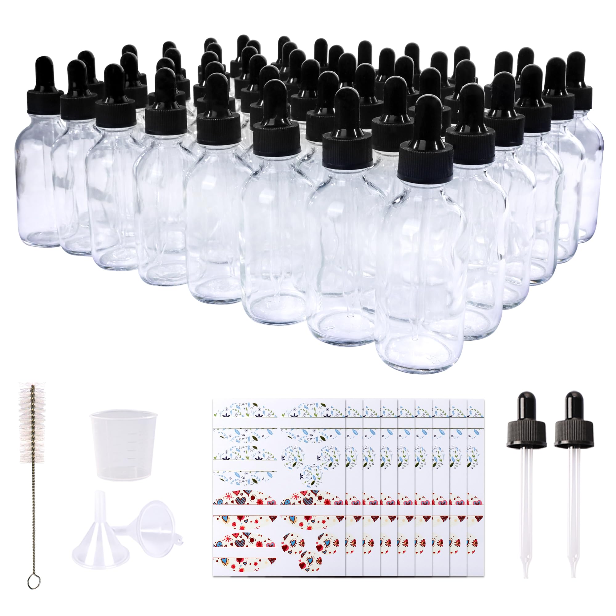Transparente Glasflaschen mit Glasaugentropfen für ätherische Öle, Parfüms und Laborchemikalien (Bürste, Trichter, 2 zusätzliche Pipetten, 54 Etiketten und 30 ml Messbecher, 57 ml, 48 Stück