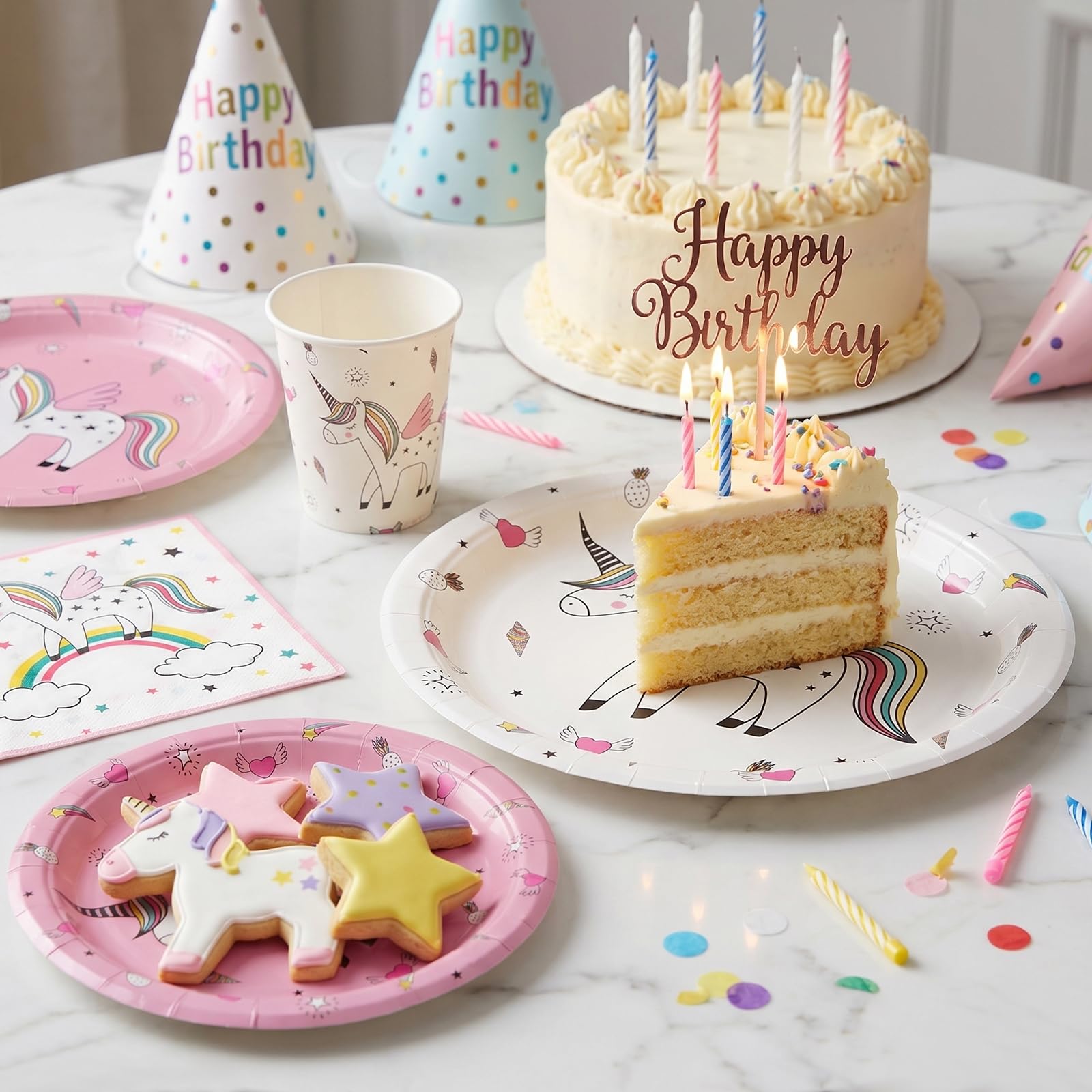 Set di stoviglie con unicorno, accessori arcobaleno, per ragazze, pacchetto con piatti da dessert, tazze, tovaglioli per 24 ospiti (96 pezzi)