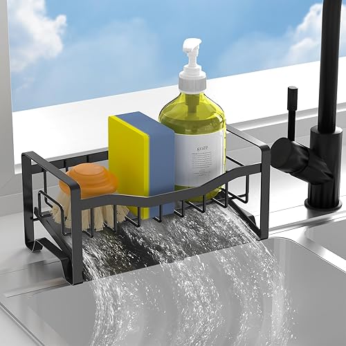 Organizador para fregadero de cocina, soporte de esponja para fregadero de cocina con bandeja de drenaje automático de acero inoxidable, organizador