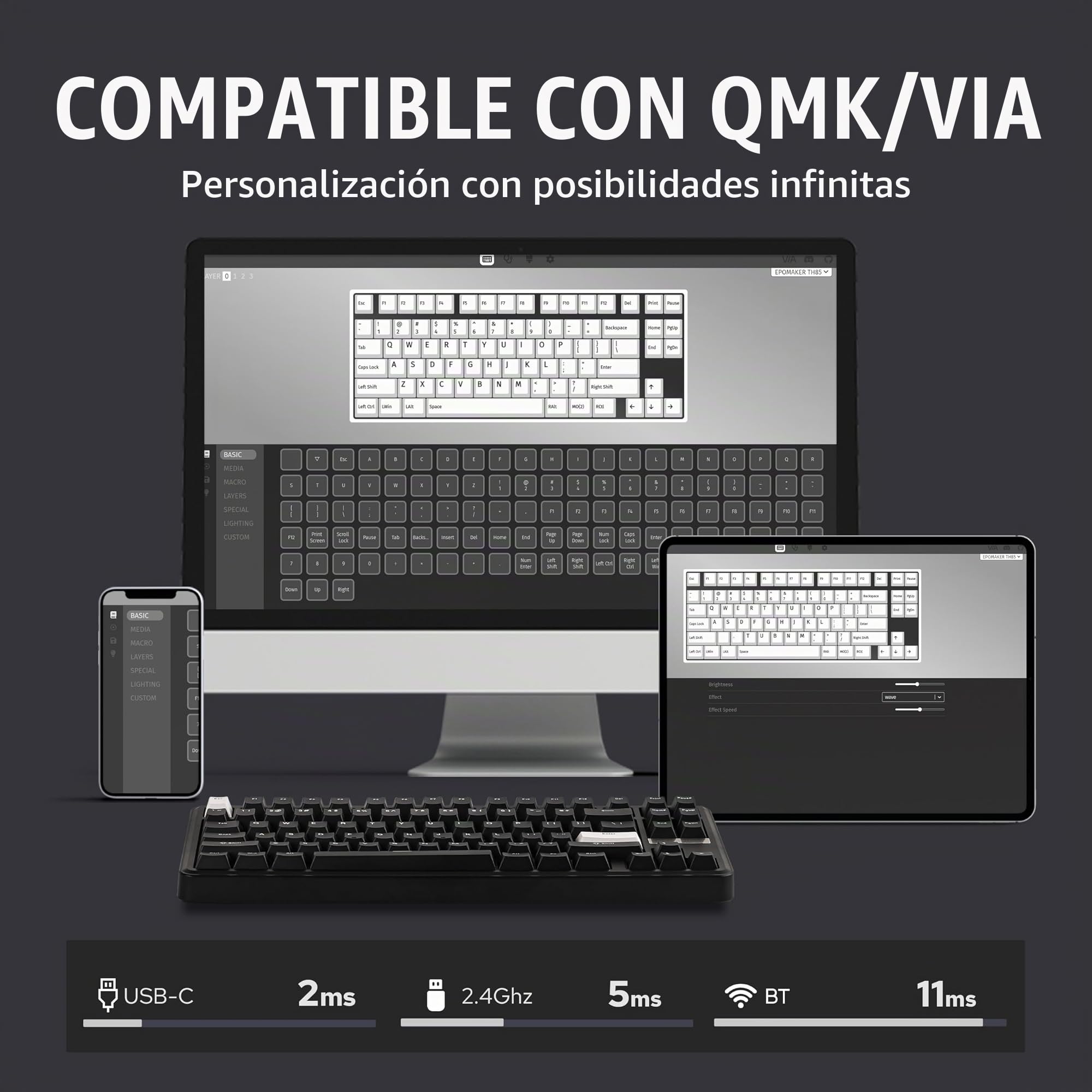 EPOMAKER TH85 Teclado Mecánico Inalámbrico para Juegos con QMK/Via, Intercambiable en Caliente de BT/2,4Ghz/USB, con RGB y Teclas Programables en Disposición US 75% (Negro Blanco, Creamy Jade Switch) | Hot-Swap - Interruptores lineales de jade cremoso pre