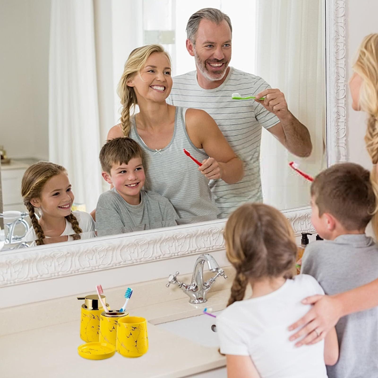 Set di accessori per il bagno Set di lavaggio con dispenser sapone in marmo, pompa for lozione for le mani, portaspazzolino e bicchieri Arredamento per gli affittuari(Yellow Four Piece)