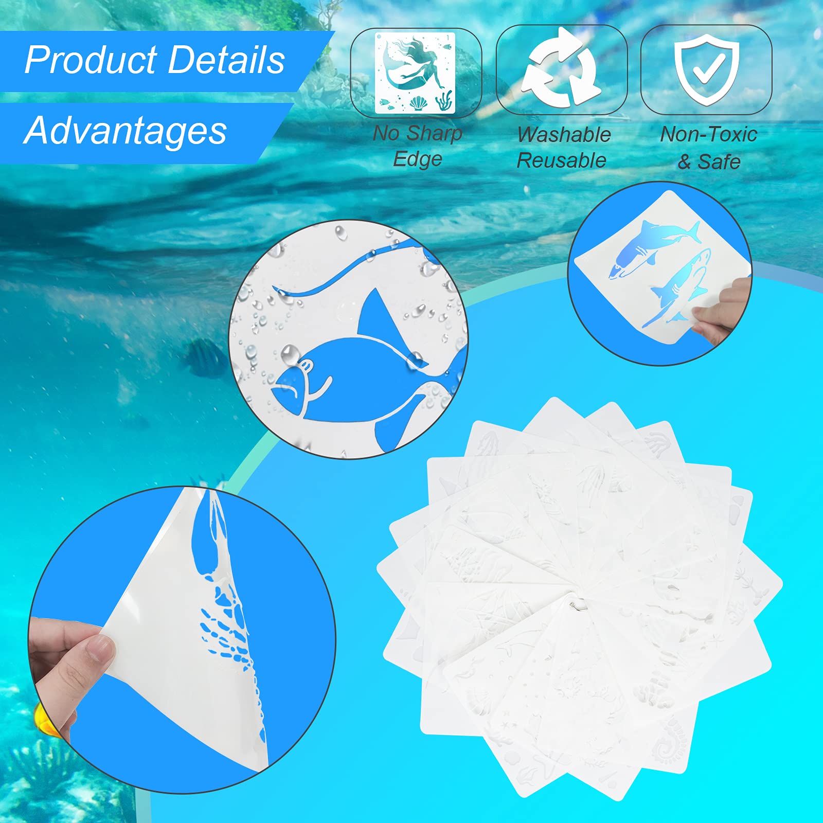 Amazon.co.jp: RONIXIL 海の生き物ステンシル 16枚 再利用可能 海の