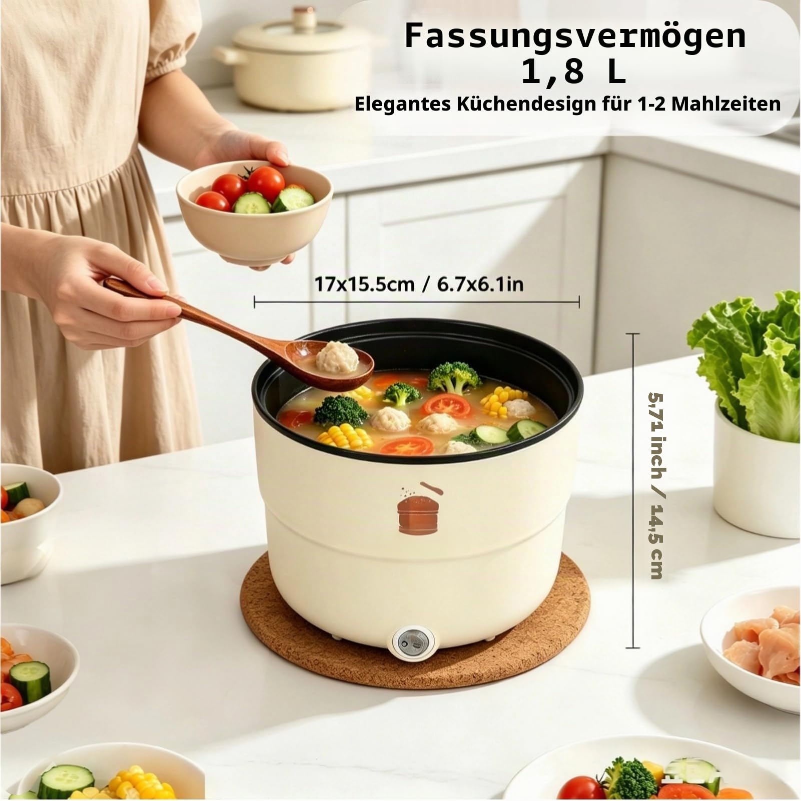 1,8L Elektrischer Heißer Topf, Doppelschicht Hitzeschutz, zum Kochen Dämpfen,Antihaft Kochtopf, Tragbarer Elektrischer Hot Pot, Kochkochtopf für Nudelnsuppe Gedämpft, für Schlafsäle und Büros