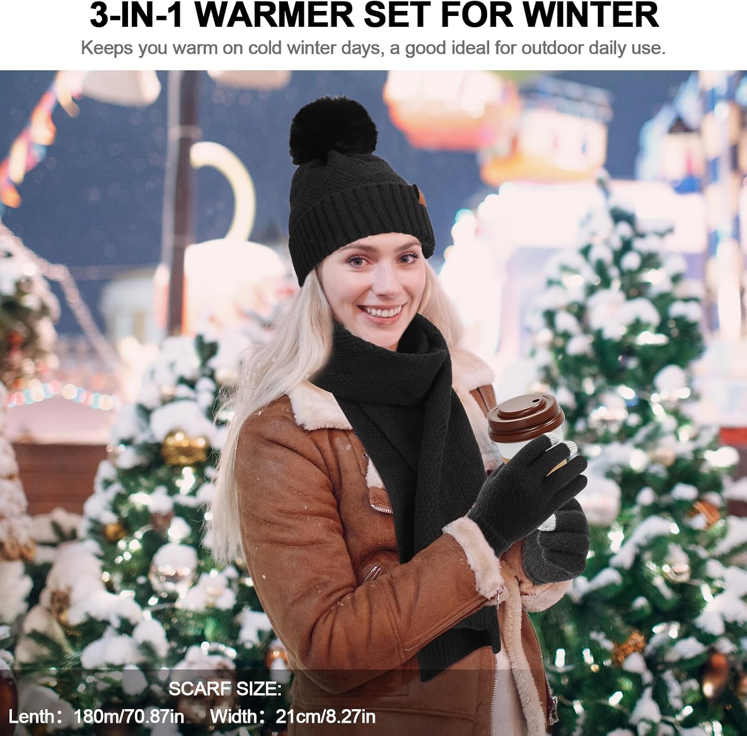 TAGVO Beanie Scarf Gloves Set for Women, 3-in-1 Knitted Beanie Touch Gloves Wool Scarf with Fleece Lining Pom Pom Winter Hats Gift Sets for Skiing Hiking Driving image 5