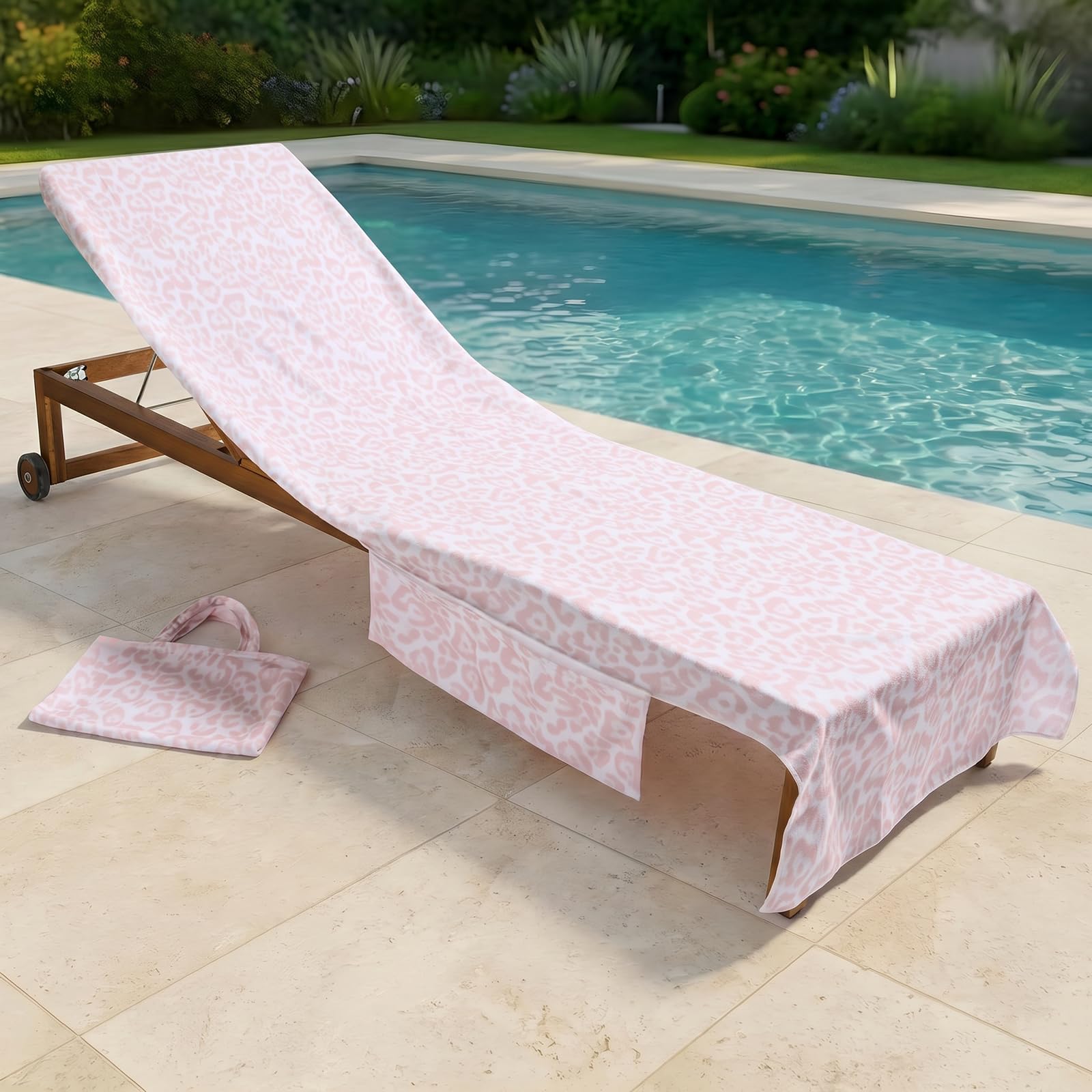 OHS Leopard Print Sunbed Towels with Pockets, Soft Quick-Dry Absorbent Microfibre Large Beach Towel in a Bag Sun Lounger Beach Towels for Adults Summer Holiday Essentials, 75 x 215cm - Stone