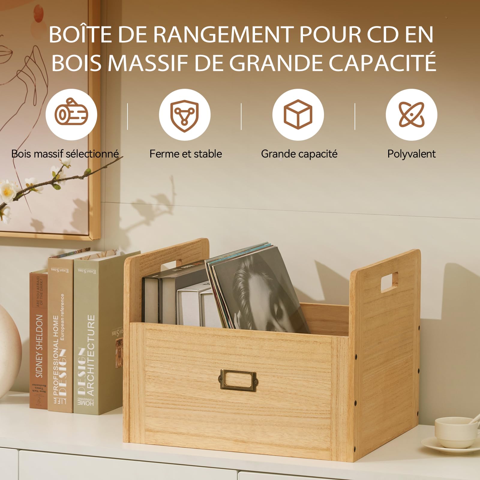 KIRIGEN Boîte de rangement pour vinyles Boîte de rangement en bois pouvant contenir jusqu'à 80 disques vinyles couleur naturelle