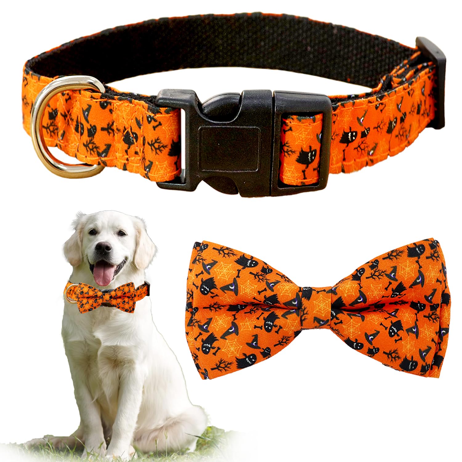 TDTOK Halloween Hundehalsband Mit Schleife - Weich, Verstellbar Für Kleine Bis Große Hunde (Halsumfang 24,8-60,6 Cm)