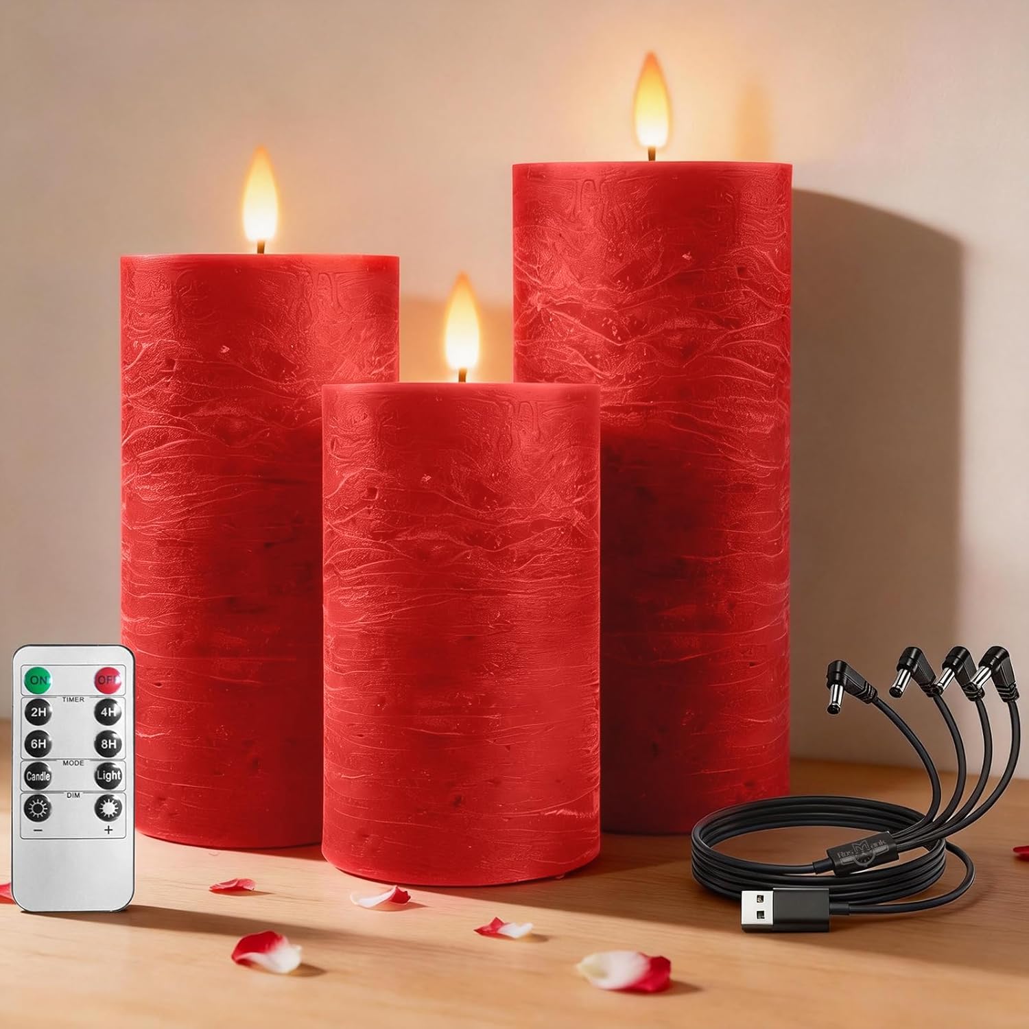 3 Set LED Candles, Indoor & Outdoor Candles with 10-Key Remote Timer Control, Flameless, Real Wax, Decoration for Christmas, Birthday, Wedding, Party, Red