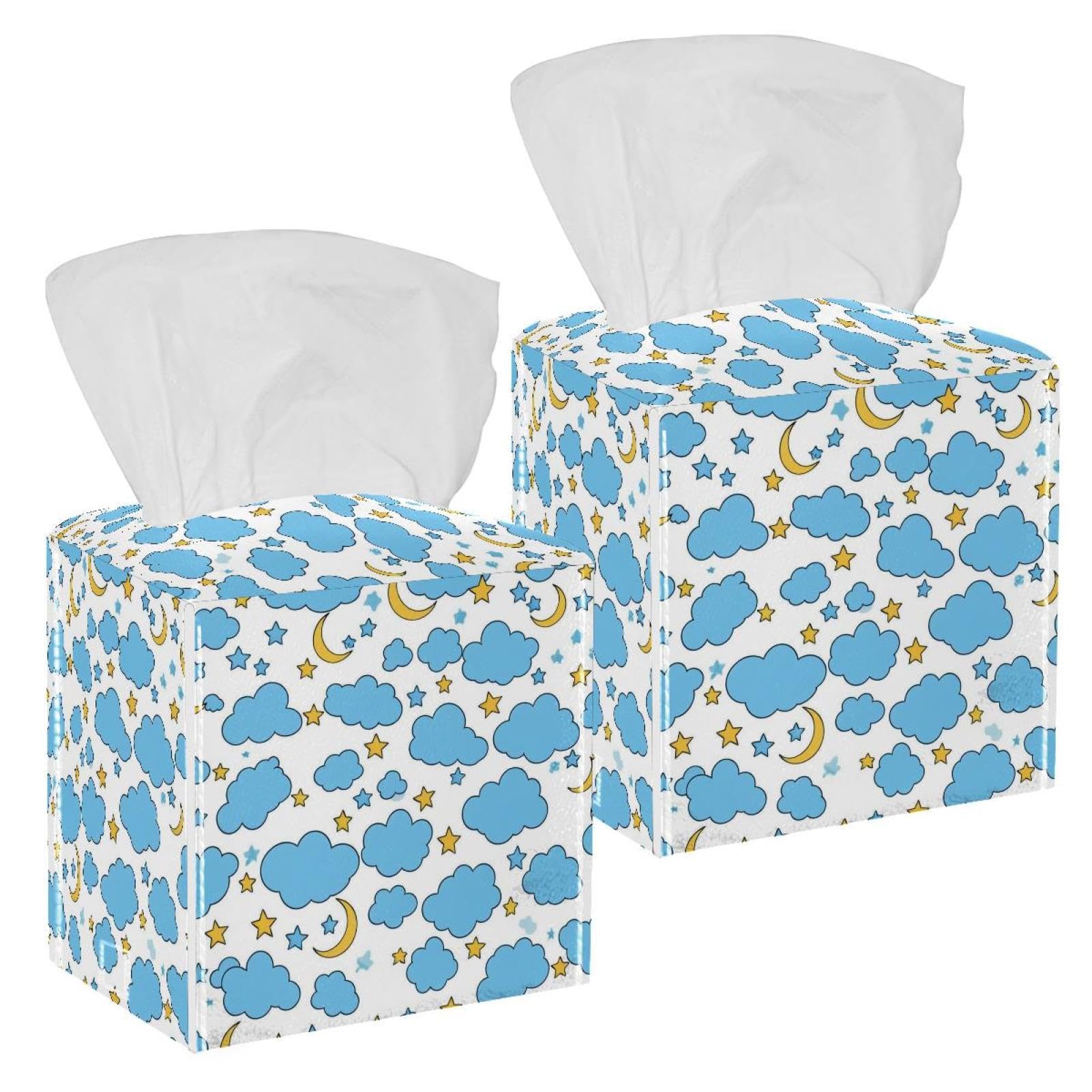 Artistic Stars Tissue Box Cover, 2 Pack PU Leather Square Facial Tissue Dispenser Box holder for Home Office Car