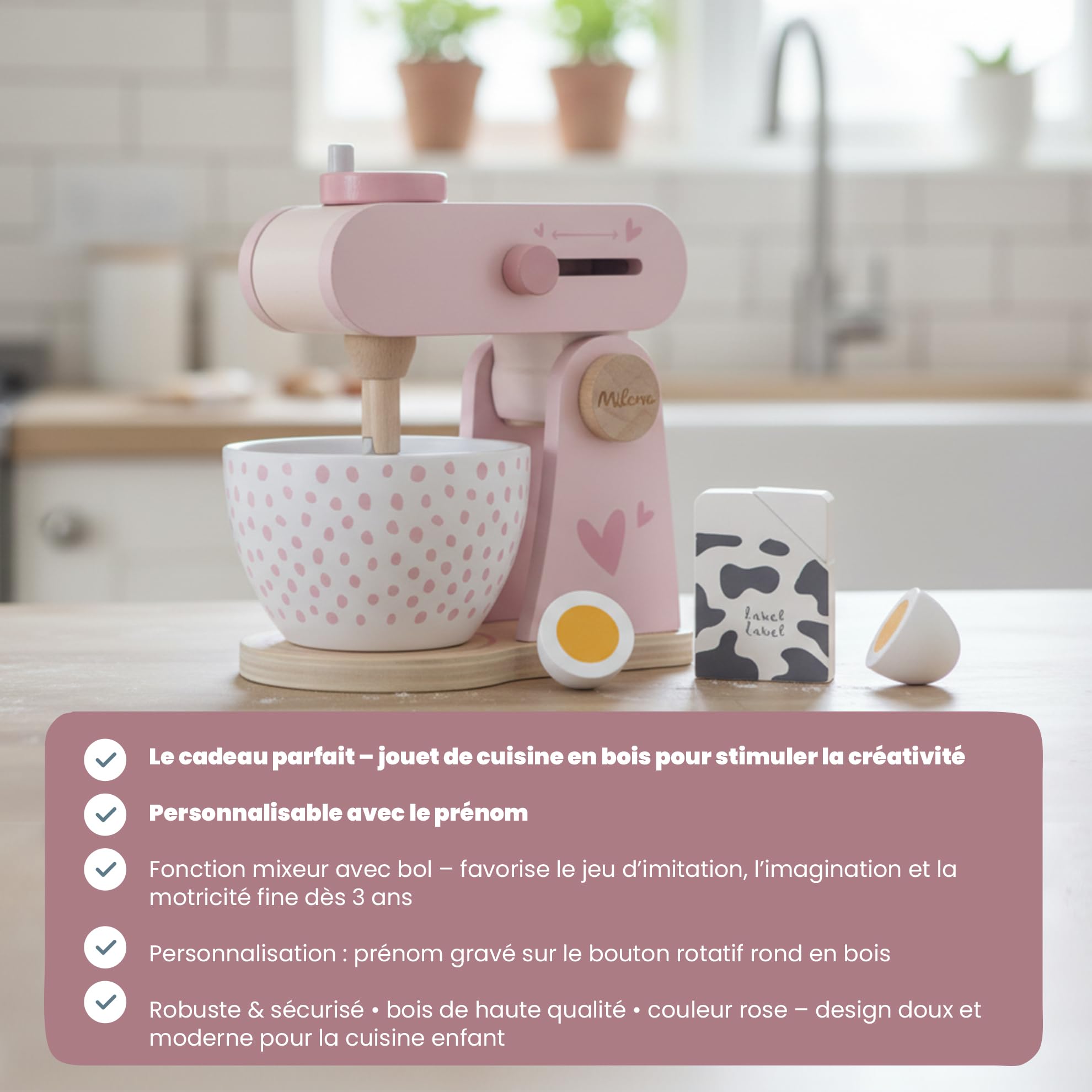 Personnalisable Robot de Cuisine en Bois Rose – avec Fonction mixeur & Bol mélangeur & favorise la créativité – pour Enfants à partir de 3 Ans – personnalisé avec Le prénom – Label Label