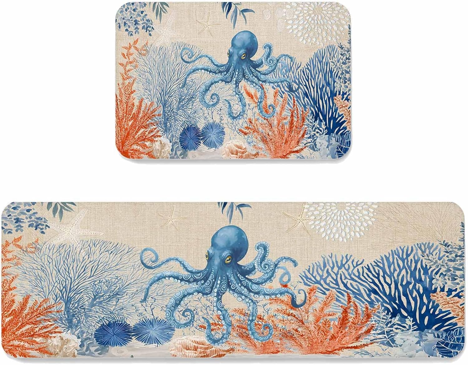 Ocean Octopus Kitchen Mats Set of 2 Summer Orange Blue Sea Animal Corals Rustic Linen Non Slip Mat Washable Floor Rug for Kitchen Sink Floor Laundry, 20"x24"+20"x48"