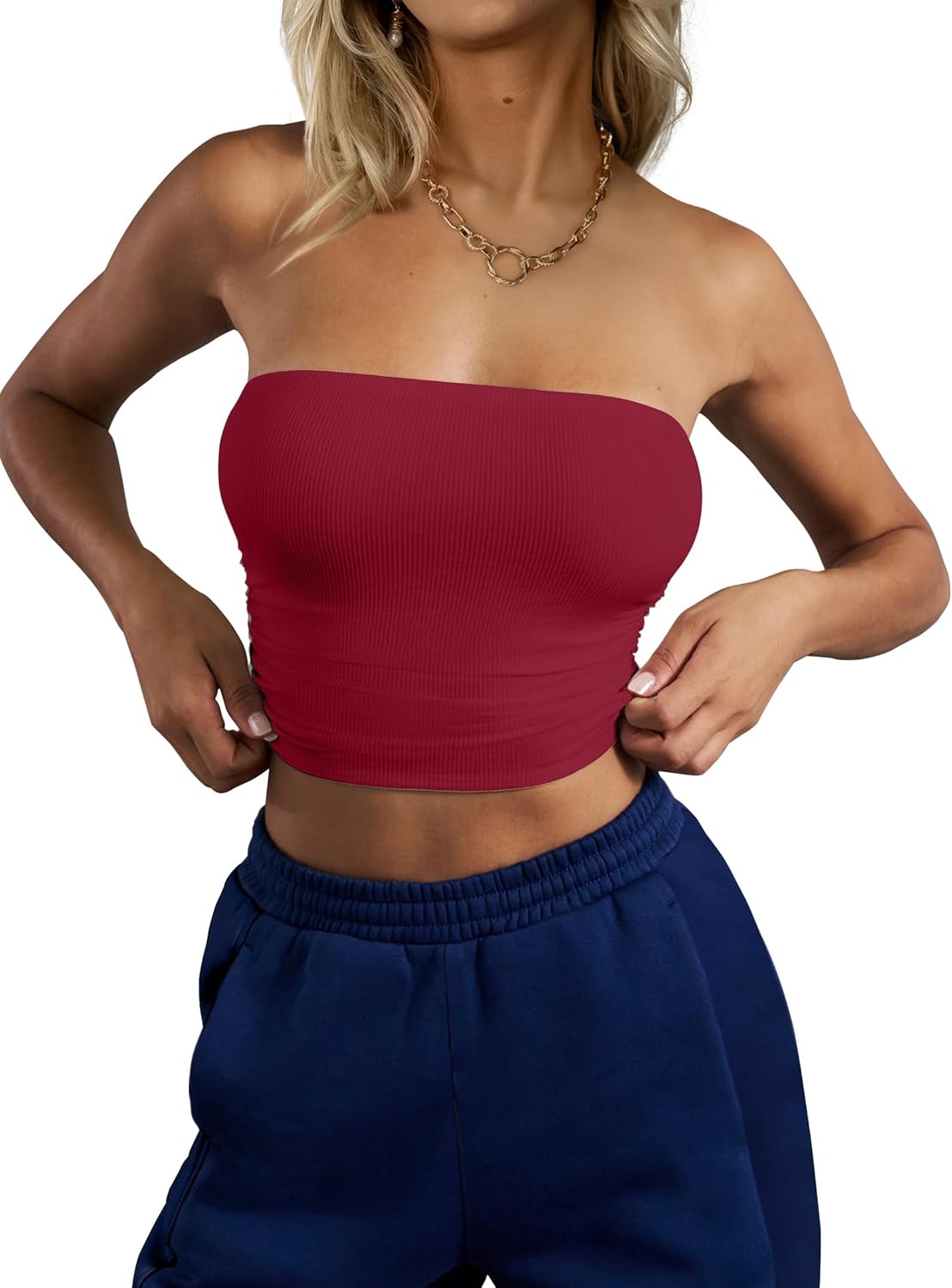 CSDAJIO Women's Casual Ruched Side Strapless Crop Tube Top Ribbed Knit Bandeau Top Summer Skinny Shirt - Image 4
