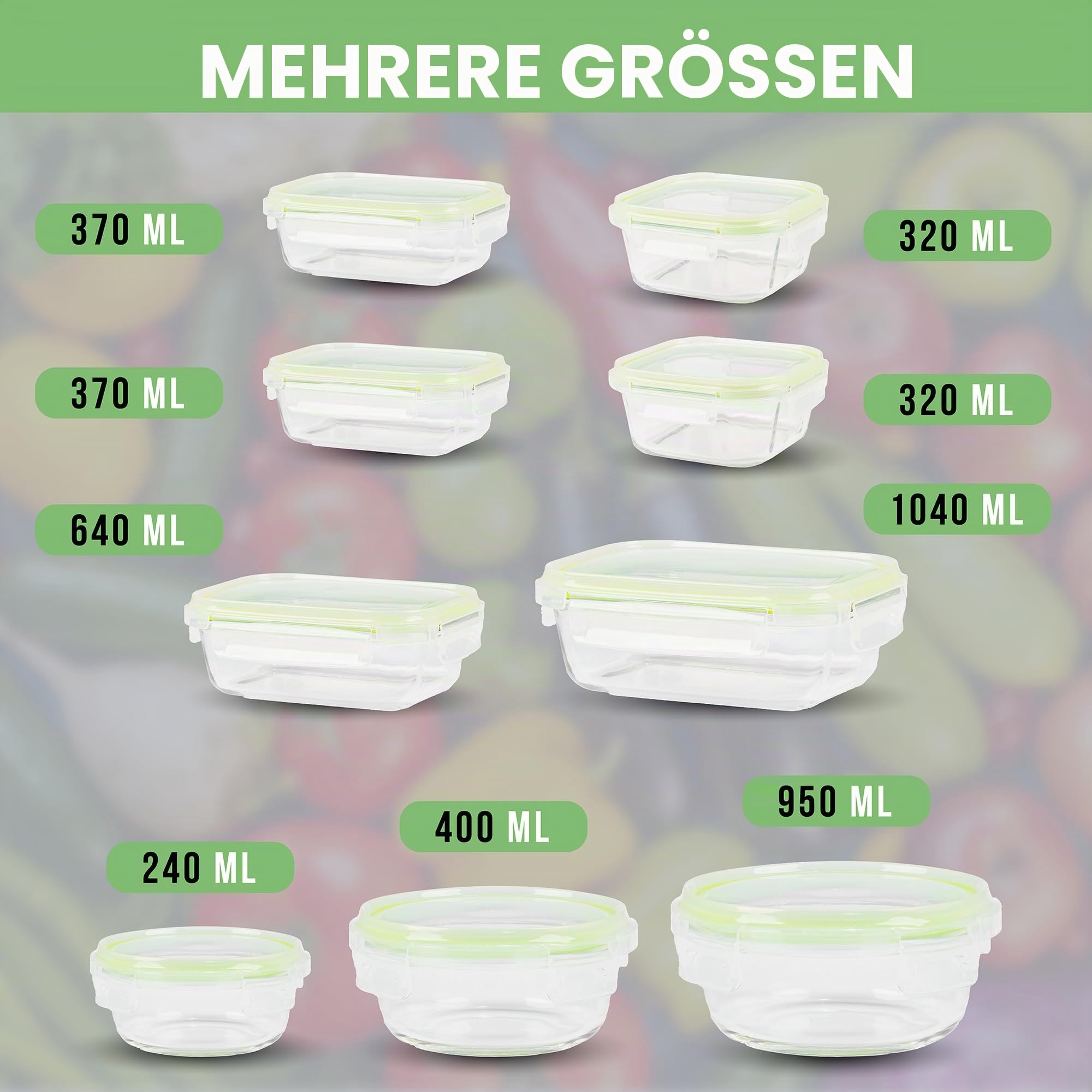 Frischhaltedosen Mit Deckel – Luftdichte Behälter Für Lebensmittel, Glas Schüssel Mit Deckel Set Sicher Für Mikrowelle Und Gefrierschrank | Meal Prep Boxen Glas (9 Behälter, Grün)