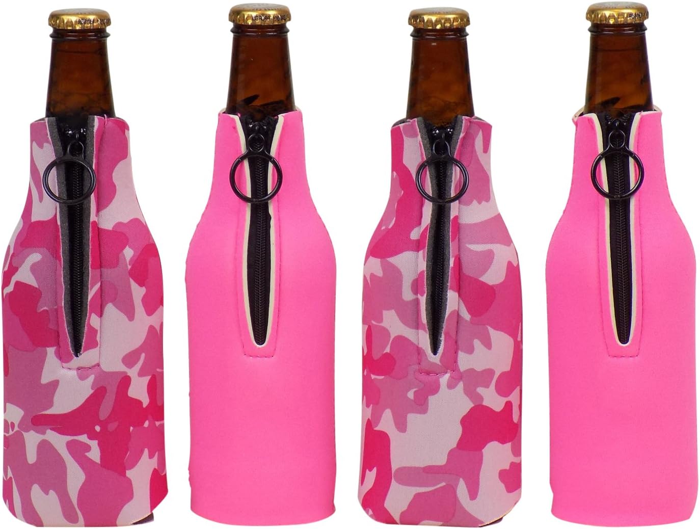 Neoprene Pink Camouflage and Solid Beer Bottle Thermocoolers with Zippers, 4 Pack - By Smart Tart