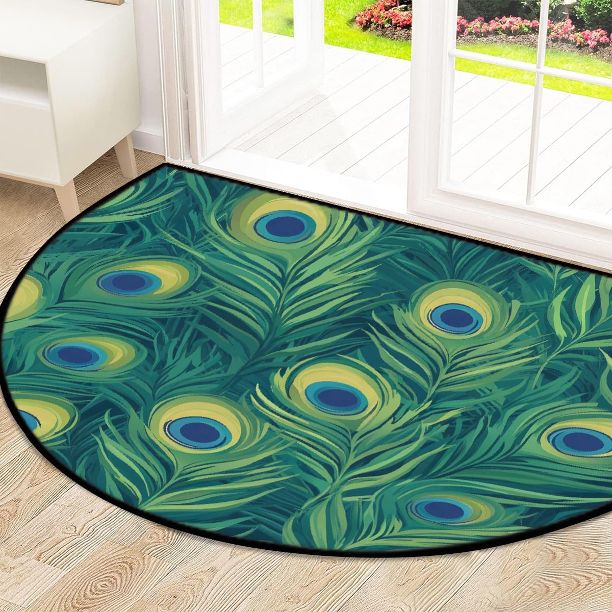 Mexpekil Paillasson demi-lune avec plumes de paon vert pour intérieur et extérieur, antidérapant, lavable, absorbant, anti-saleté, 100 x 160 cm