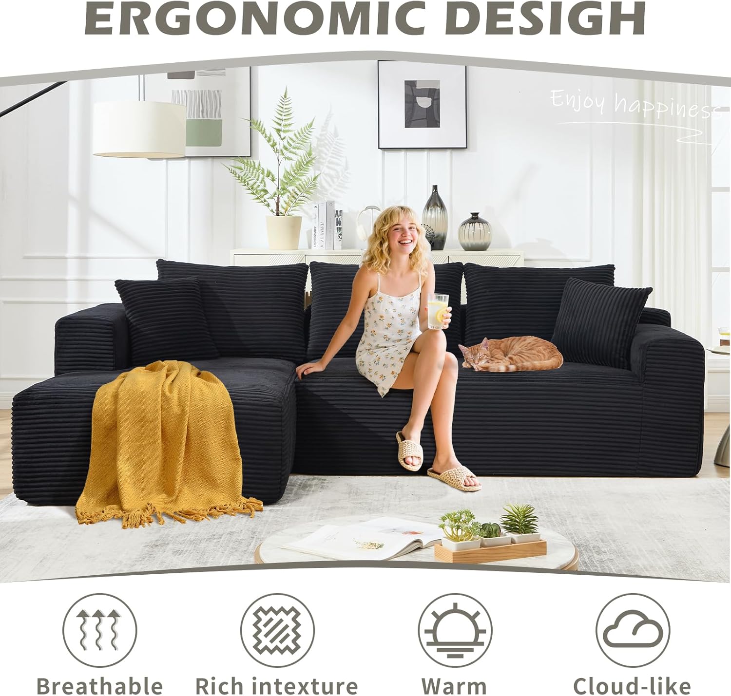 109-Inch L-Shaped Boneless Sectional Sofa Floor Modular Foam Sofa Couches with 2 PCS(Loveseat and Left Facing Chaise Lounge), L Shaped Corduroy Sponge Cloud Couch