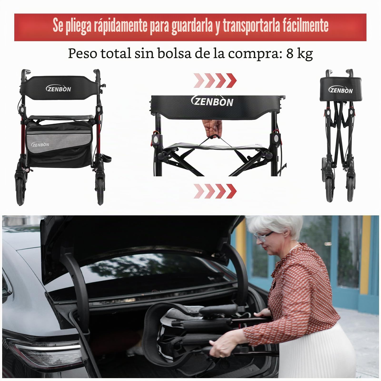 Andadores para Ancianos Aluminio: Andador plegable y ligero con Asiento - Andador de Interior Andadores ligeros y Plegables Especiales con Respaldo y Porta Bastón (Negro)