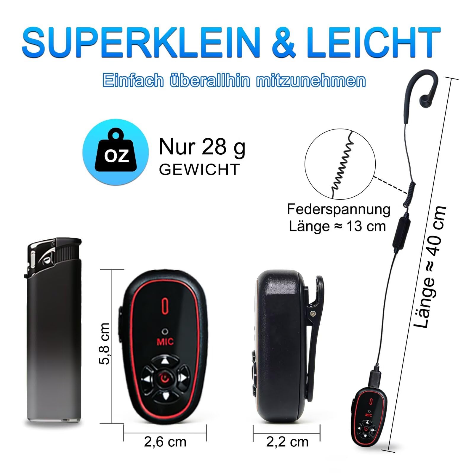 T-M12 Super Mini Walkie Talkies mit Headsets KI-Sprachsteuerung | Hände frei, Wiederaufladbarer Typ-C, 16 Kanäle, 28g Leicht Funkgerät Für Familienreiten Restaurants Outdoor-Sport, 2 Stück