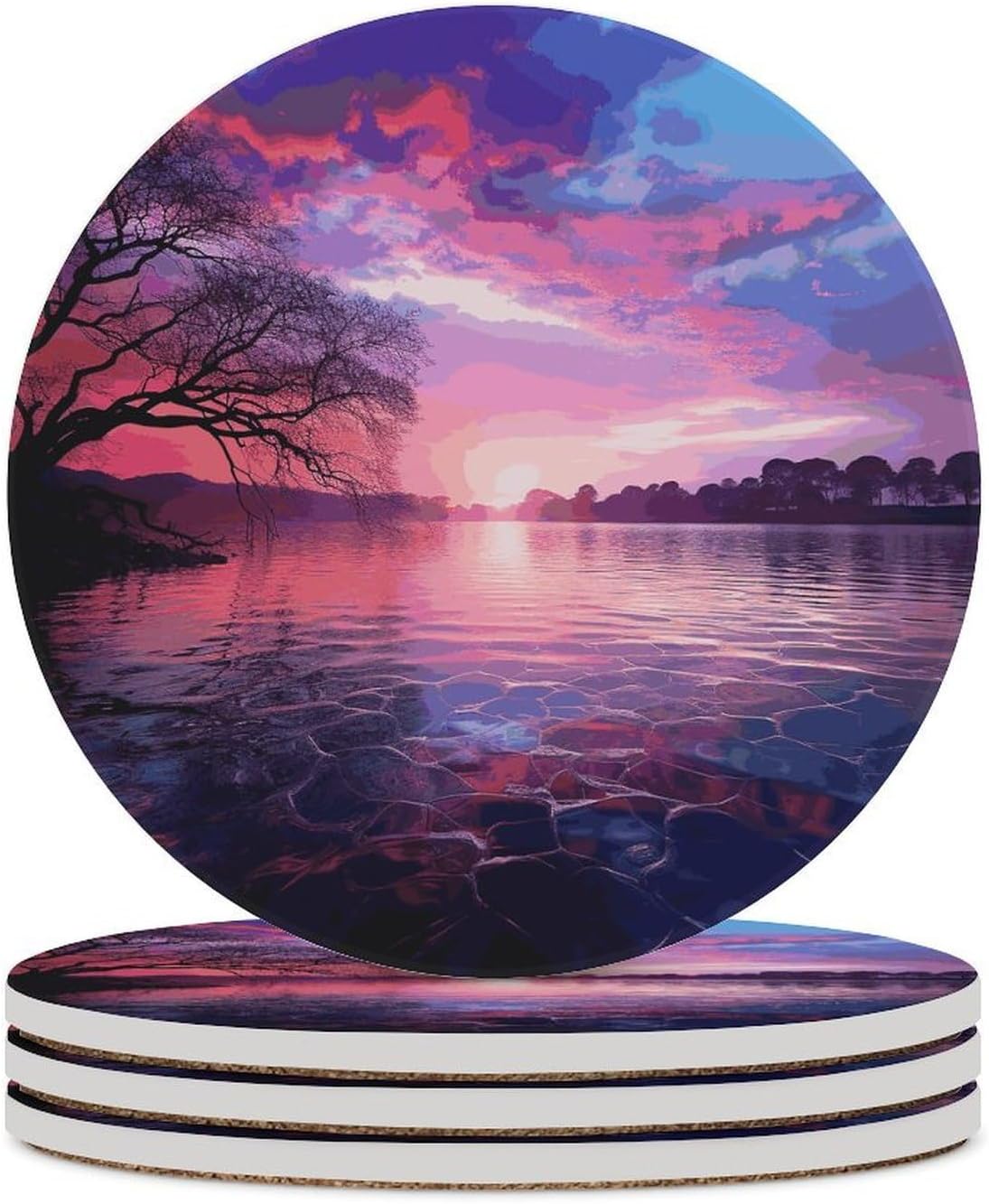 Purple Sunset on Water Coasters for Drinks Absorbing Round Ceramic Stone Coaster with Cork Base Coffee Cup Beverage Table Cup Mat Modern Style Bar Coaster Set for Home Decor