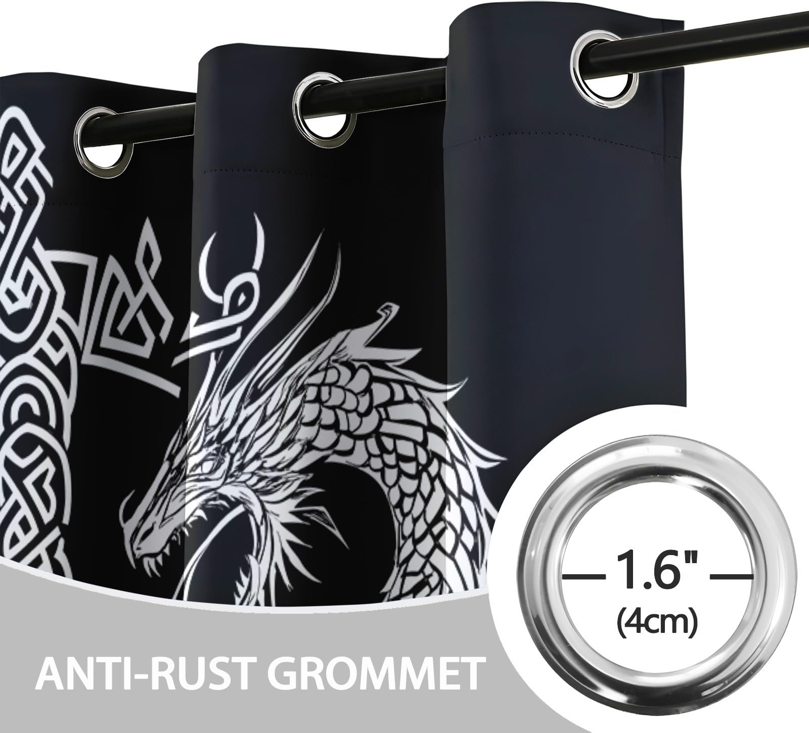 Zasłony Zaciemniające Rune Wikingów Fantasy Smok 117 L x 229 cm (2 panele) Biały Czarny, Izolowana Termoizolacyjna Miękka Zasłona Z Oczkami, Poliestrowe Zasłony Zaciemniające Drukowane Do Salonu