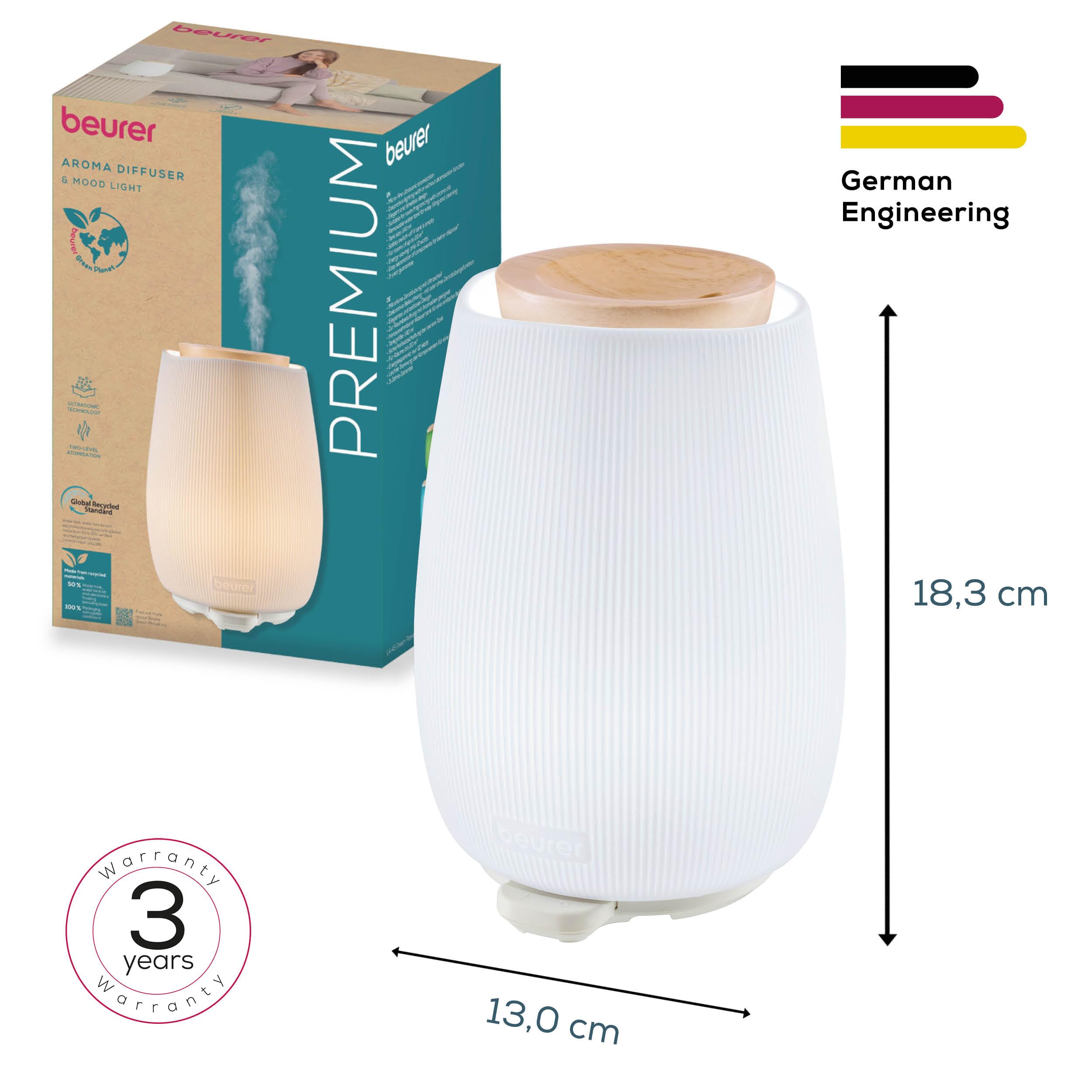 Beurer LA 45 Diffuseur d'arôme pour huiles essentielles, nébuliseur à ultrasons pour aromathérapie, lumière LED en 9 Couleurs, boîtier en céramique & Couvercle en Bois, minuterie & arrêt Automatique