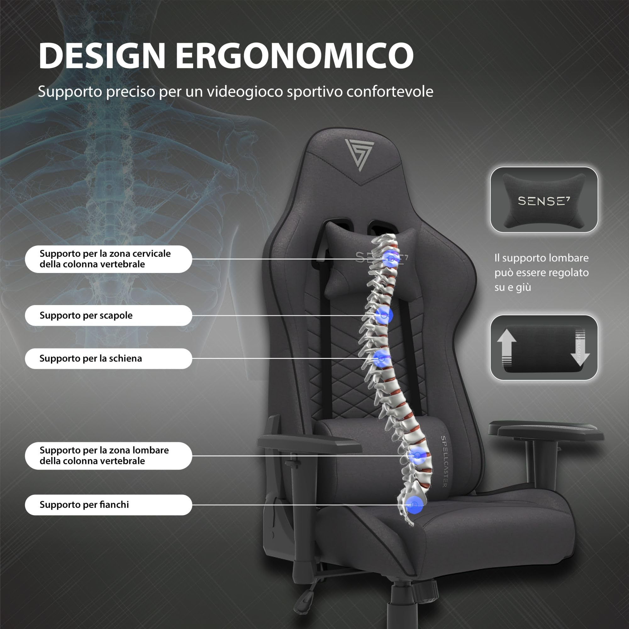 SENSE7 Poltrona da gioco Spellcaster, ergonomico con cuscini lombari regolabili, inclinazione regolabile, sedia da gioco con oscillazione, sedia da ufficio in similpelle 150kg, sedia PC nera-rossa