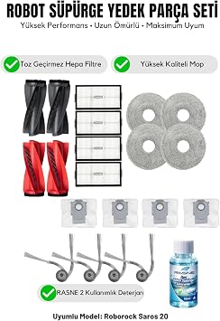 Roborock Saros 20 ile Uyumlu 2 Ana Fırça 4 Yan Fırça 4 Filtre 4 Mop 1 Deterjan 4 Toz Torbası