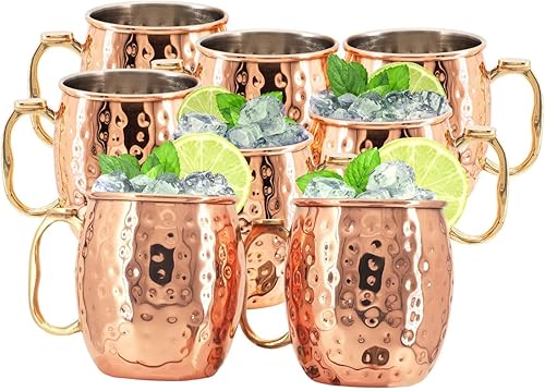 Moscow Mule - Juego de 24 tazas de acero inoxidable de alta calidad con chapado de cobre puro, asas de latón con soporte para el pulgar, 19 onzas,