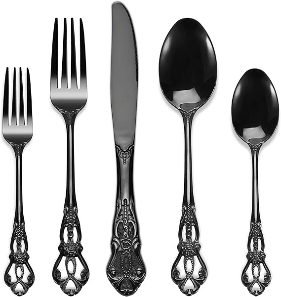 Amazon.com | PUREAIN Black Silverware Set, 30 Pieces Retro Royal ...