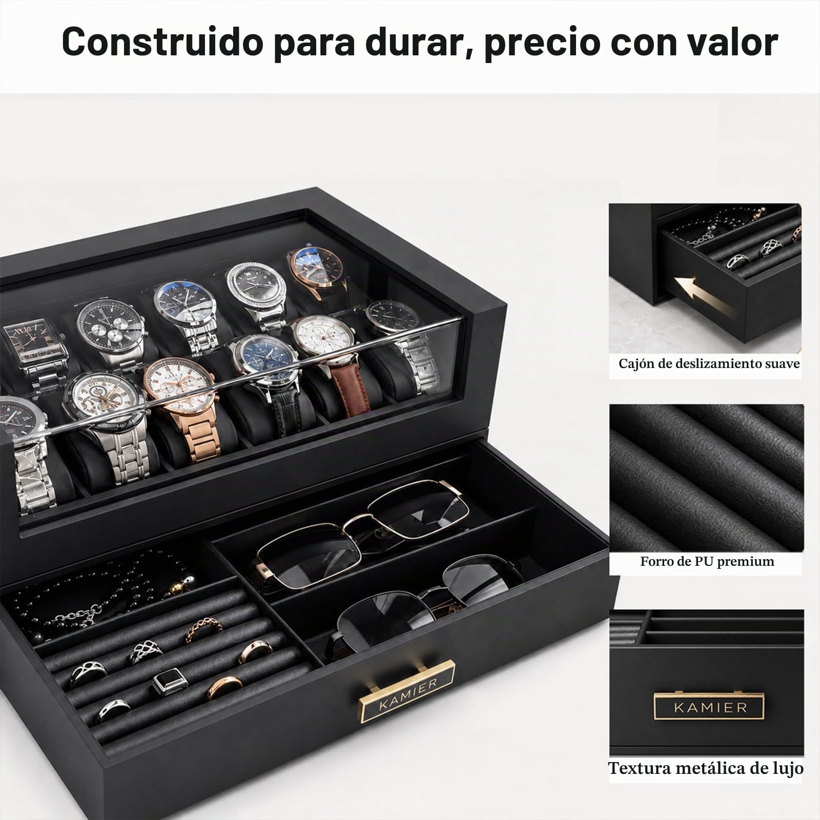 Caja de reloj de madera 12 ranuras con cajón, exhibición con tapa de cristal, soporte 2 capas para almacenamiento de joyas