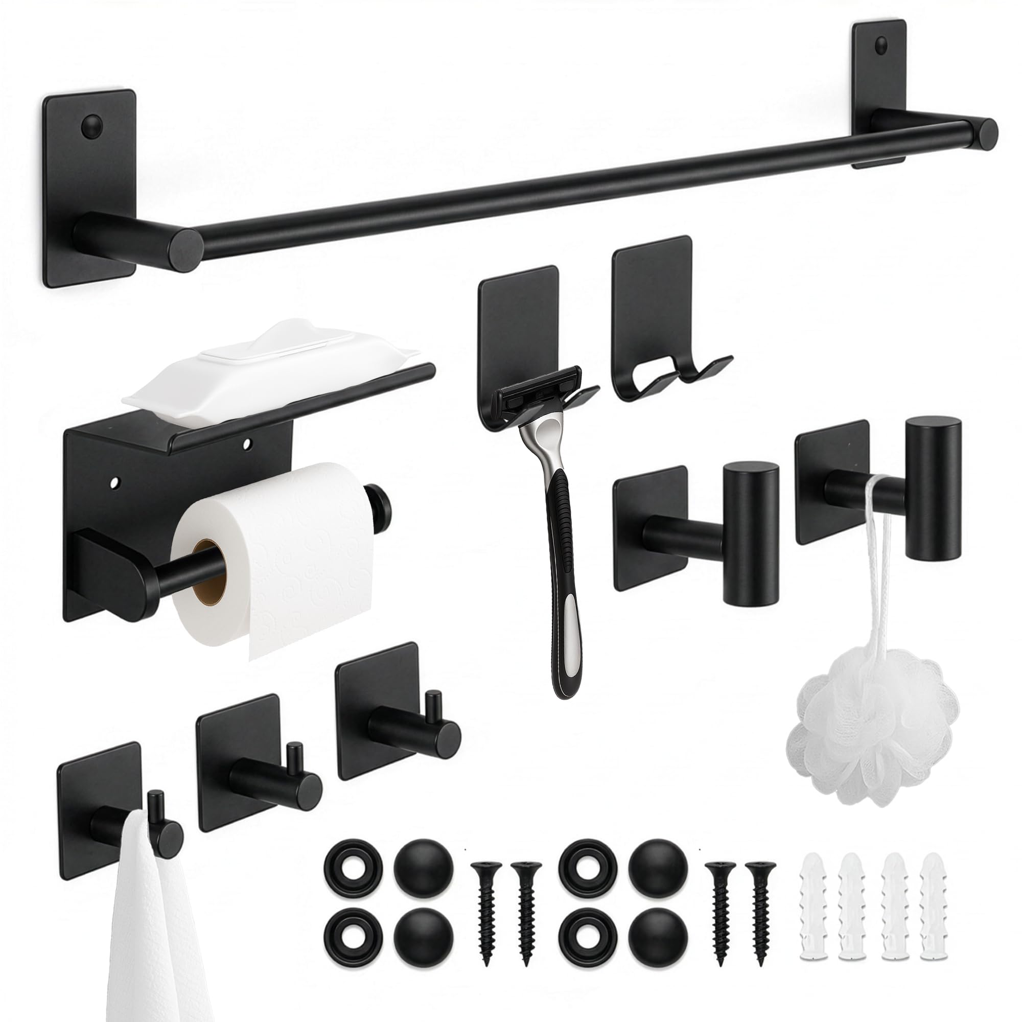 ️Accesorios Baño Sin Taladro Set 9 Piezas Negro, Toallero y Portarrollos con Adhesivo o Tornillos, Ganchos de Pared