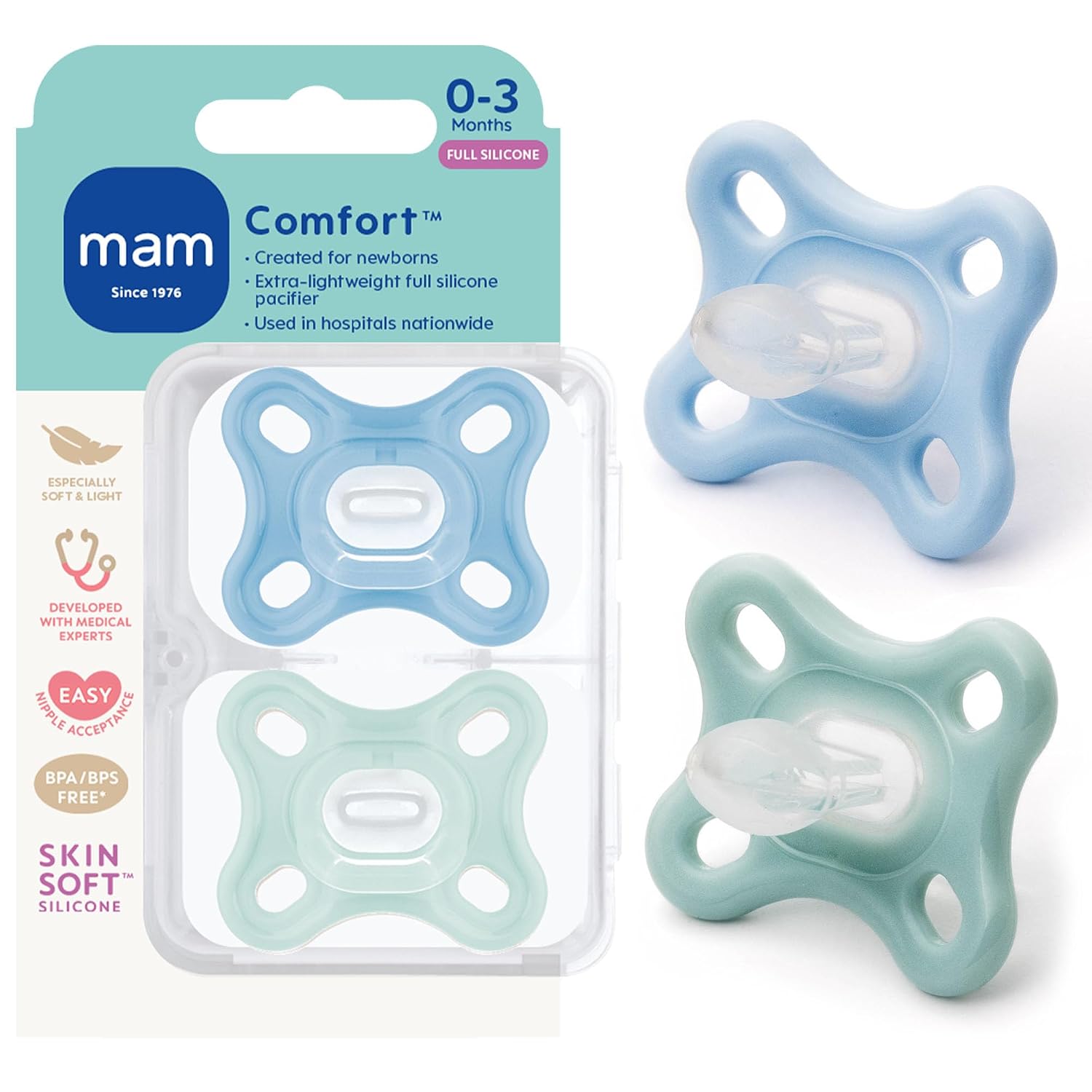 MAM Comfort Baby Pacifier 0-3 Months, Specially for Smaller Newborn Mouths, Lightweight One-Piece BPA-Free Silicone, Easy to Clean, Best for Breastfed Babies, 4 Pk, Made in Europe