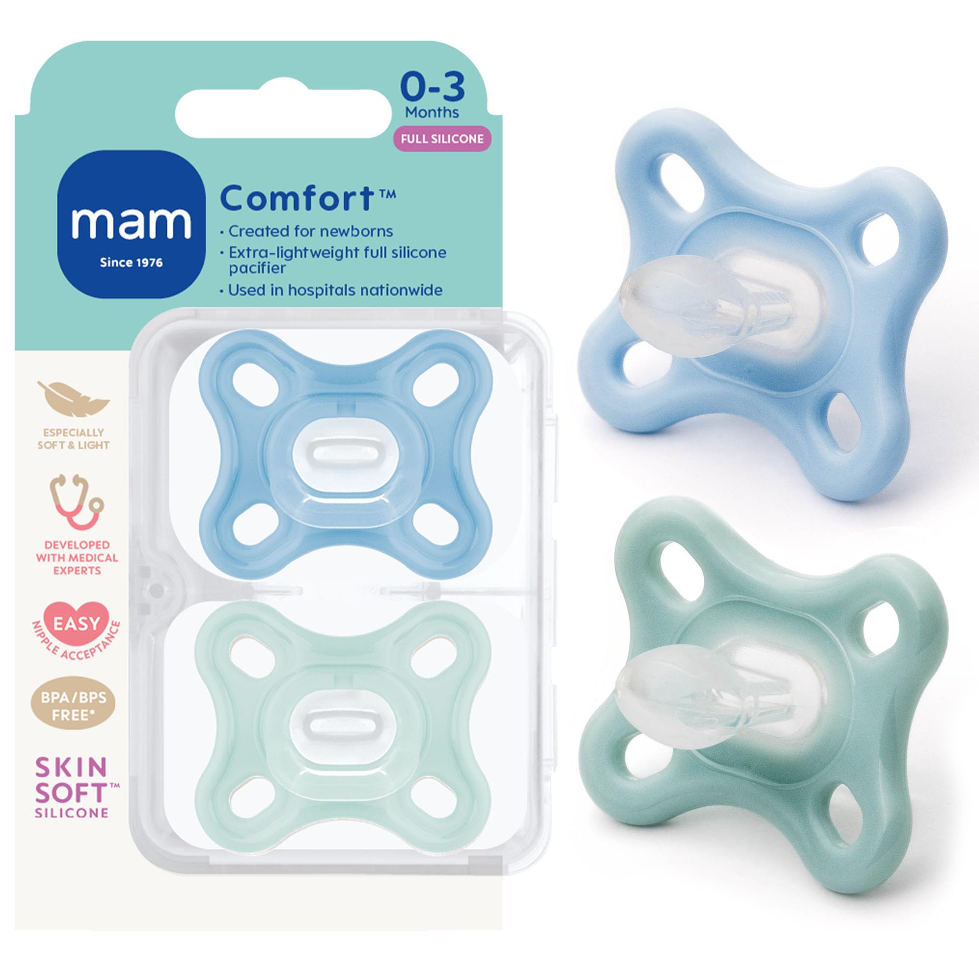 MAM Comfort Baby Schnuller, 100% leichtes Silikon, Sterilisator-Hülle, 0-3 Monate, 2 Stück