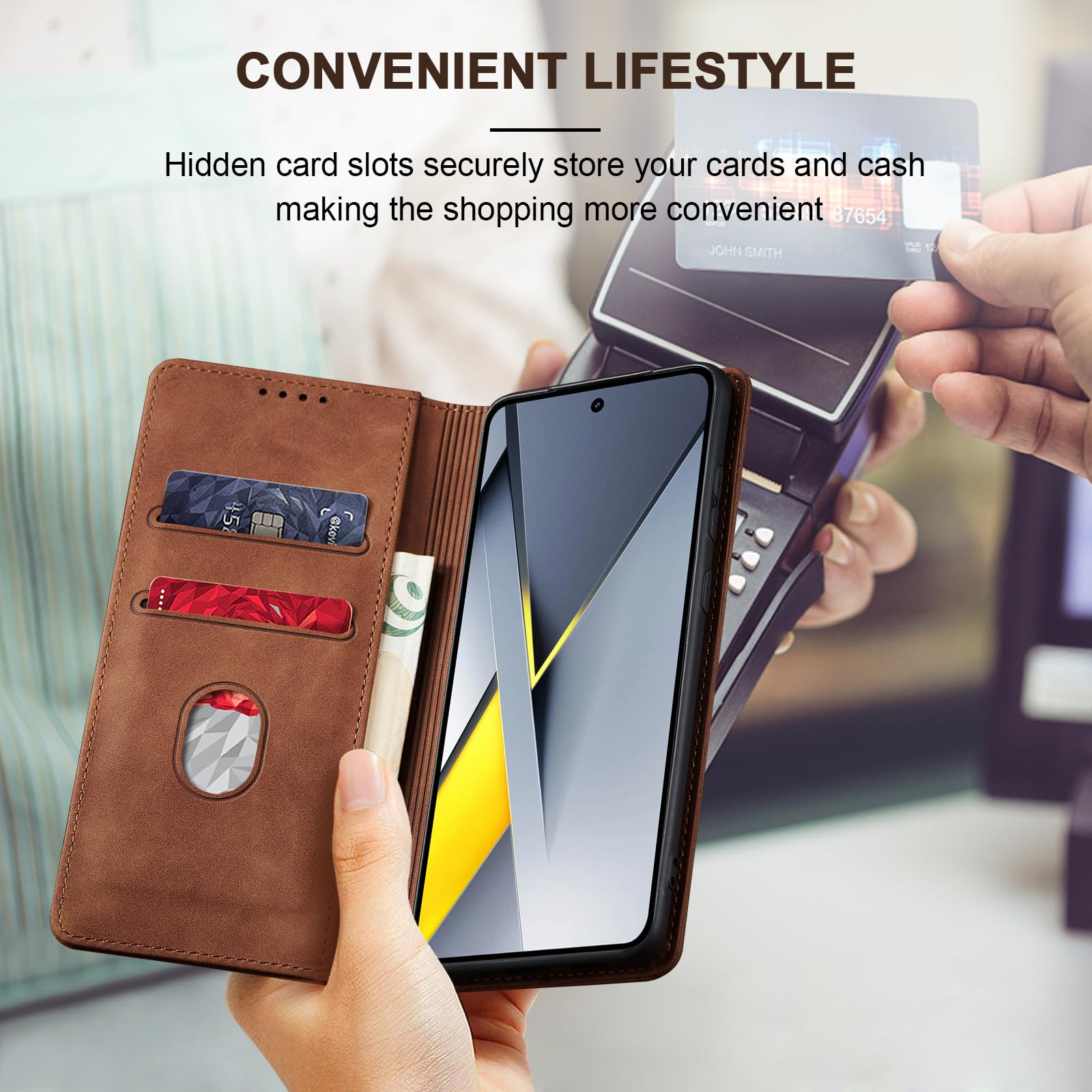 Jasonyu Funda para Xiaomi Poco F8 Pro,Cuero PU Carcasa,Tipo Libro Flip Case con Tarjetas y Cartera,Soporte Plegable,Cierre magnético,Capa (Marrón) — view 6