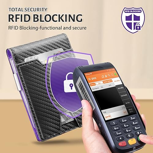 Miniatura 4 de GSOIAX Billetera delgada para hombre con clip para dinero, bloqueo RFID, minimalista, de piel auténtica, de fibra de carbono, 11 ranuras para